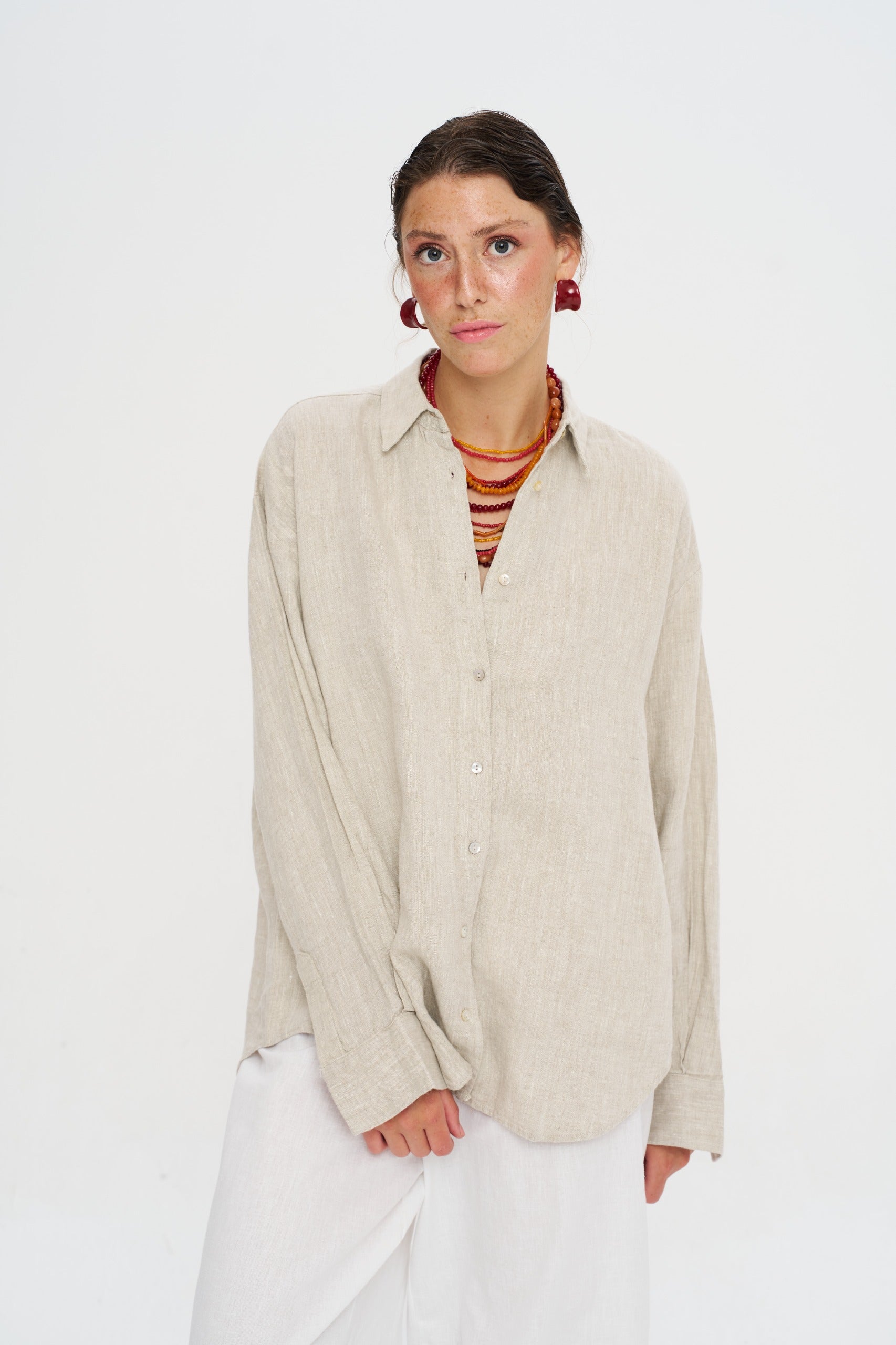Toptan Oversize Keten Natur Kadın Gömlek - %100 Keten