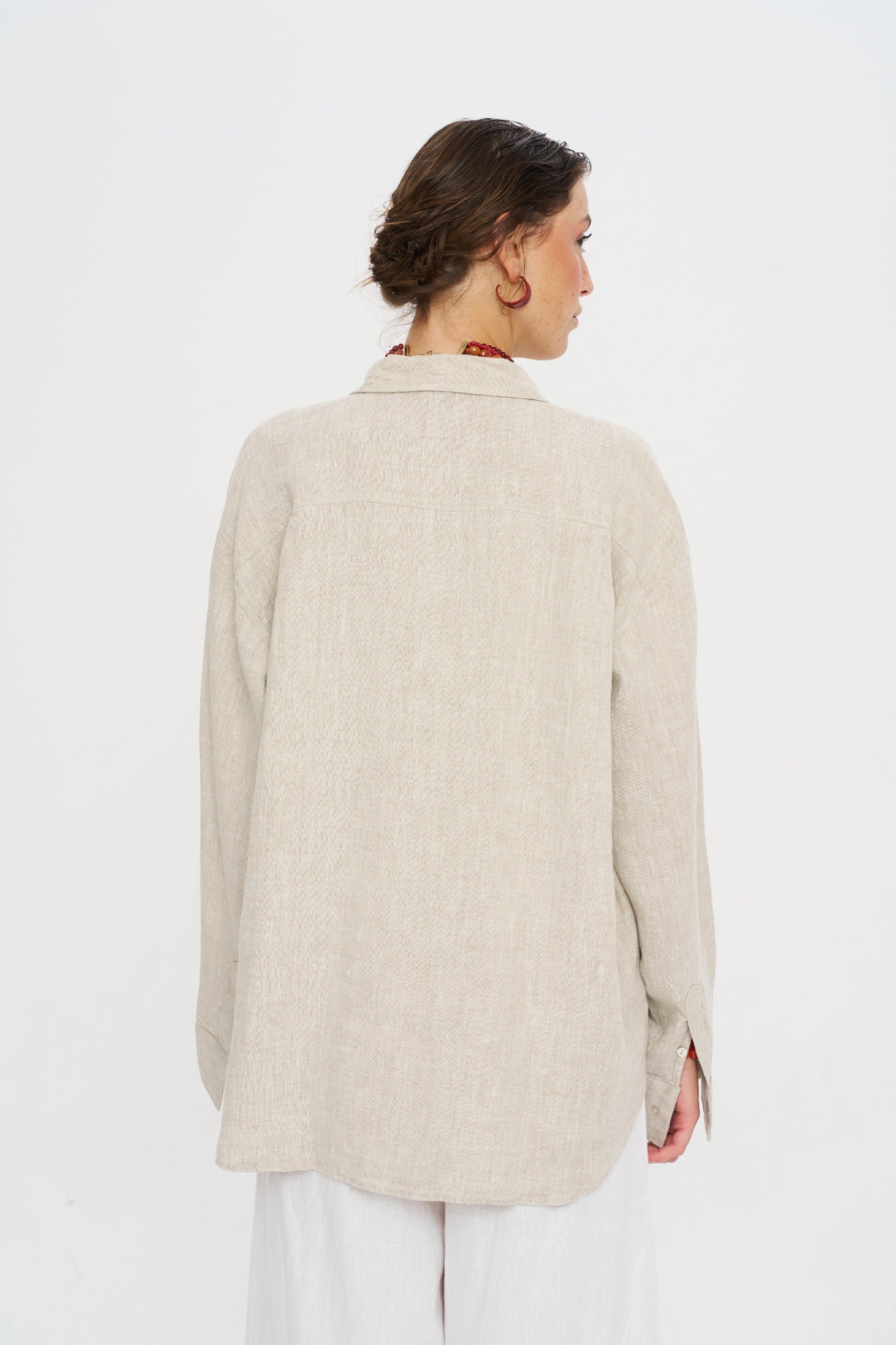 Toptan Oversize Keten Natur Kadın Gömlek - %100 Keten