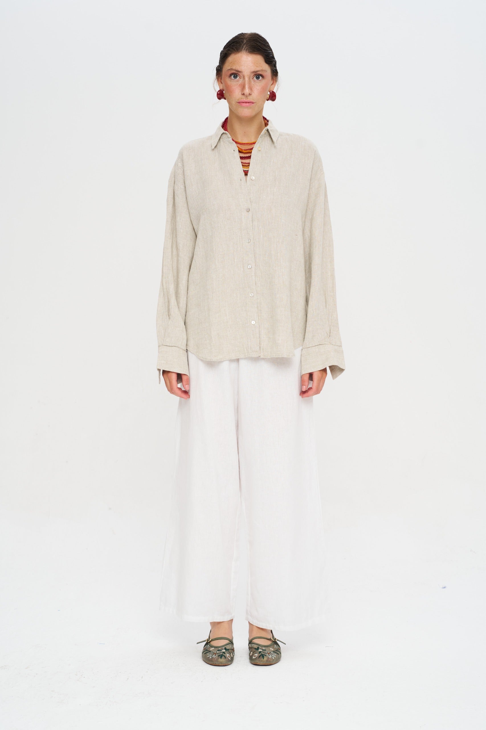 Toptan Oversize Keten Natur Kadın Gömlek - %100 Keten