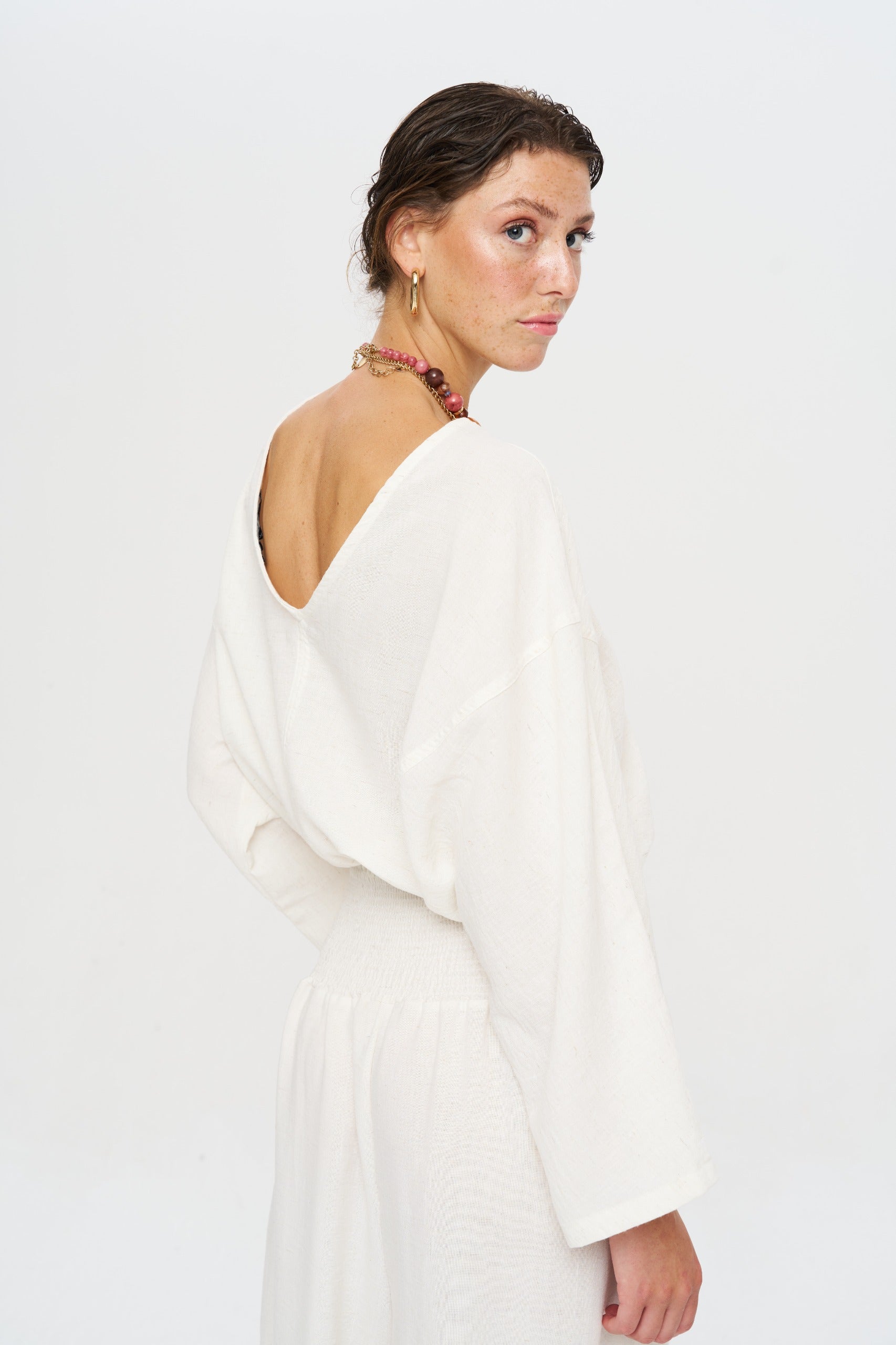 Toptan Sırtı Açık Belden İpli Ekru Bluz - Butik Yazlık Seri