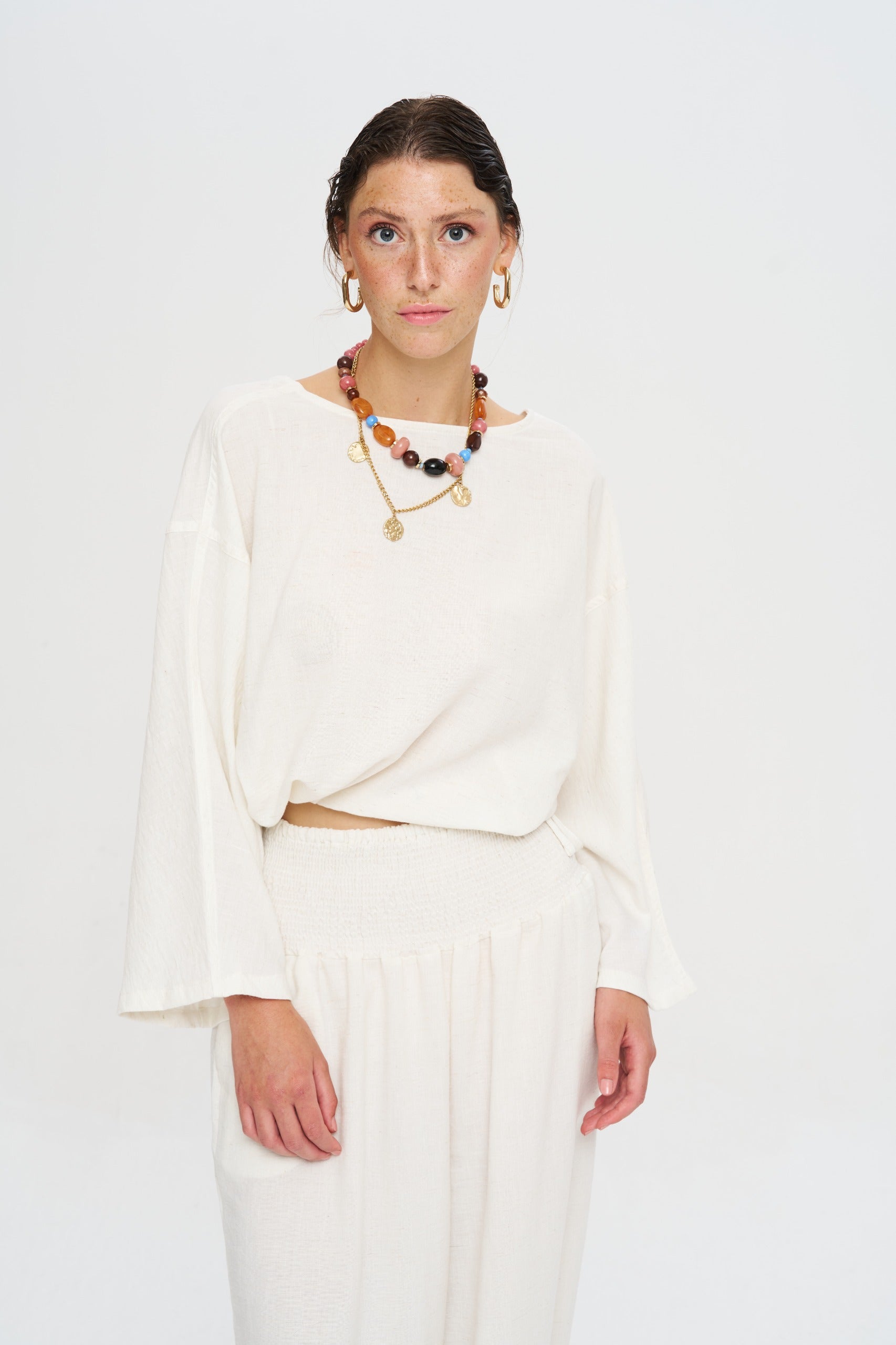 Toptan Sırtı Açık Belden İpli Ekru Bluz - Butik Yazlık Seri