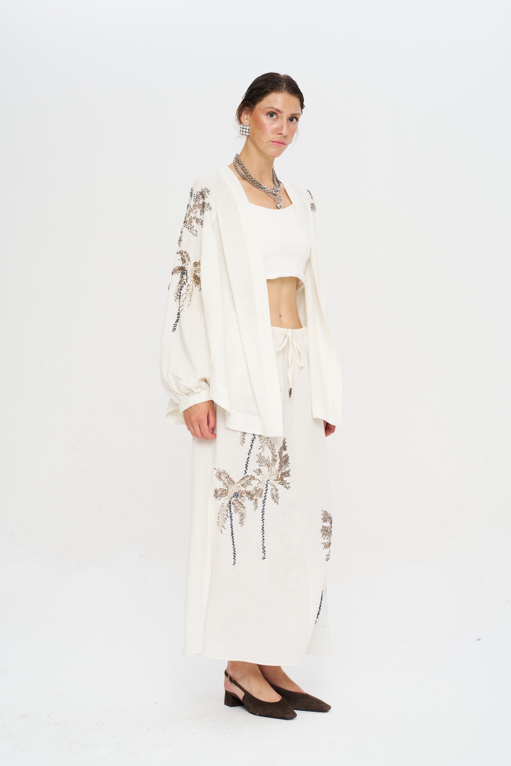 Toptan Ekru Boncuk İşlemeli Kadın Kimono