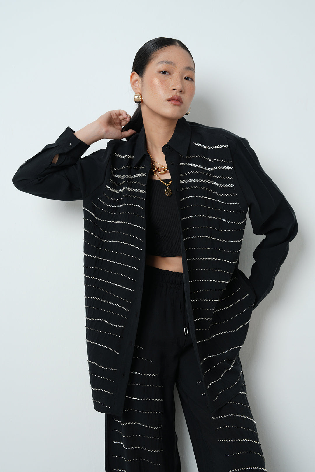 Taş şerit detaylı oversize kadın gömlek – toptan kadın giyim