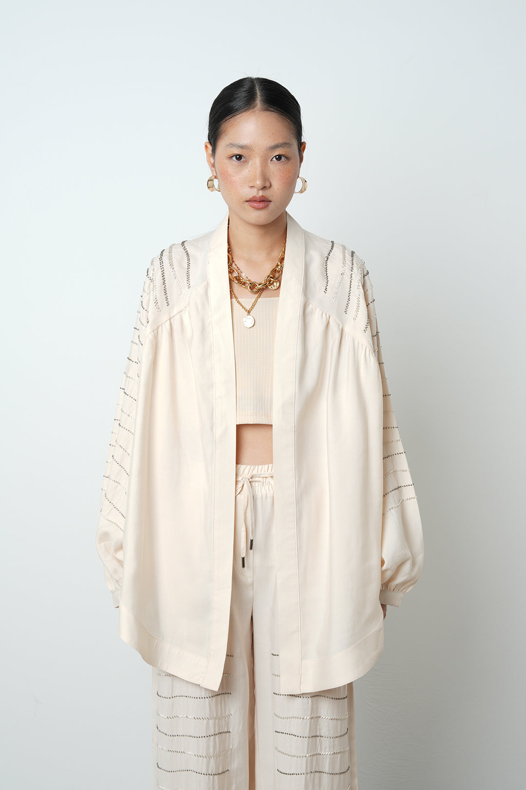 Yatay taş detaylı oversize kadın kimono – toptan kadın giyim