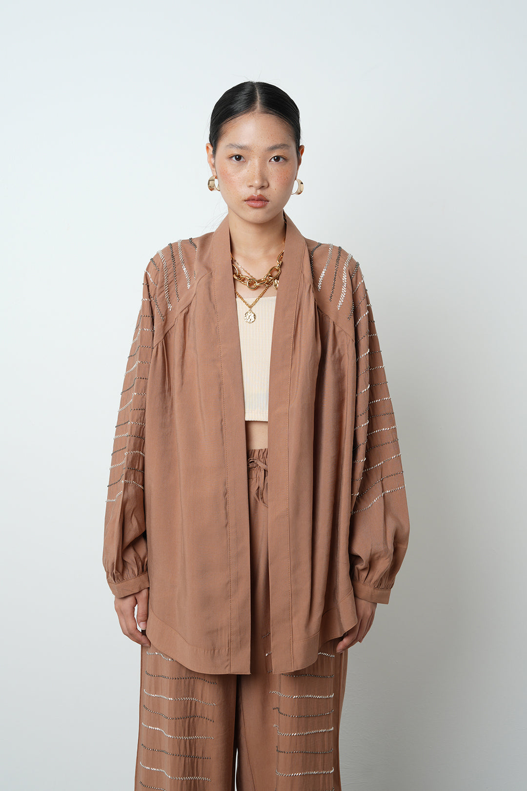Yatay taş detaylı oversize kadın kimono – toptan kadın giyim