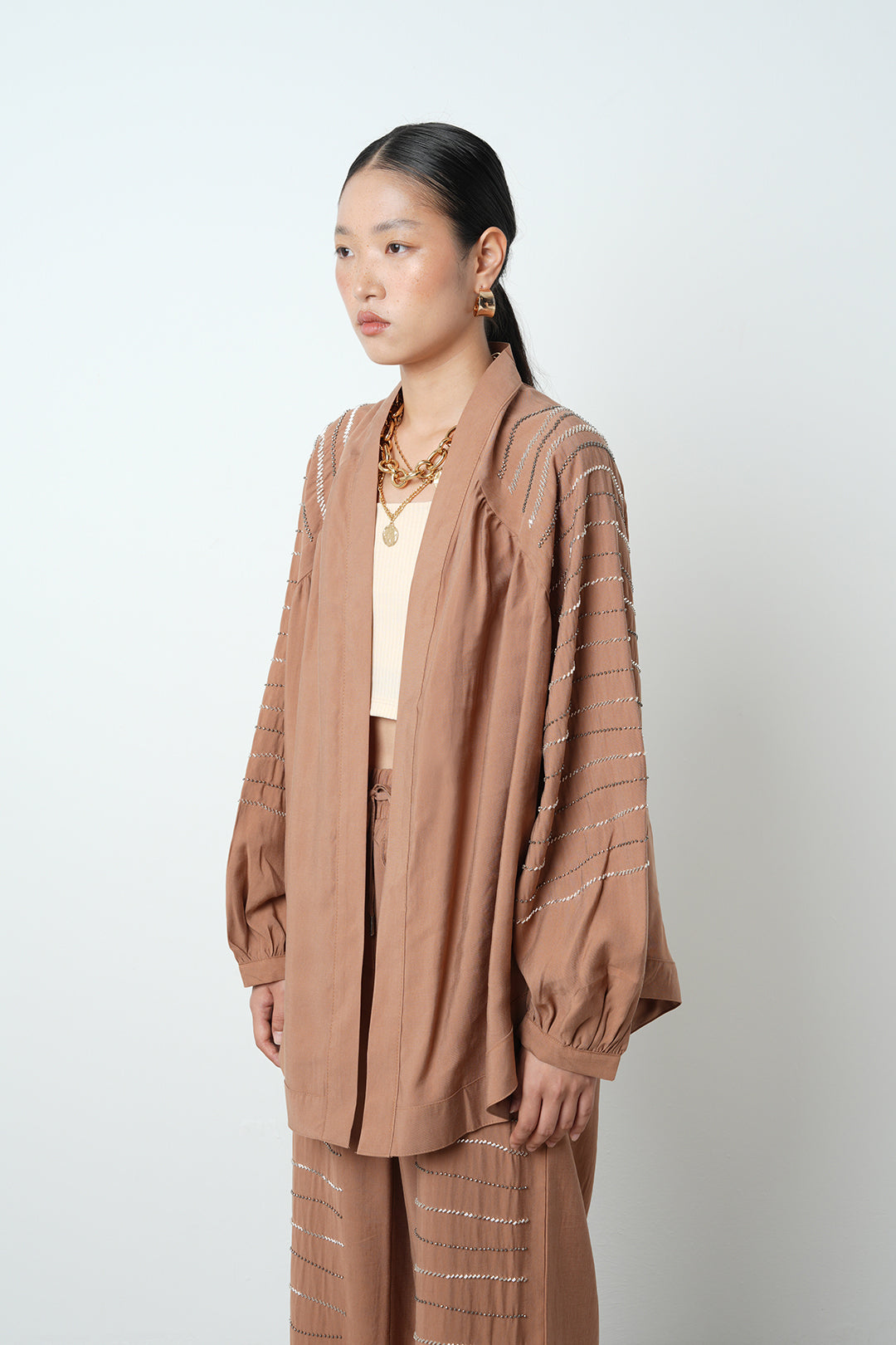 Yatay taş detaylı oversize kadın kimono – toptan kadın giyim