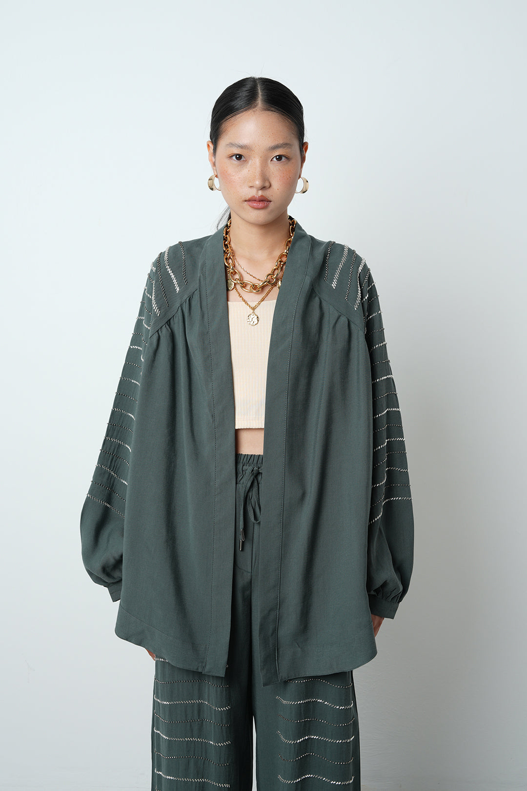 Yatay taş detaylı oversize kadın kimono – toptan kadın giyim