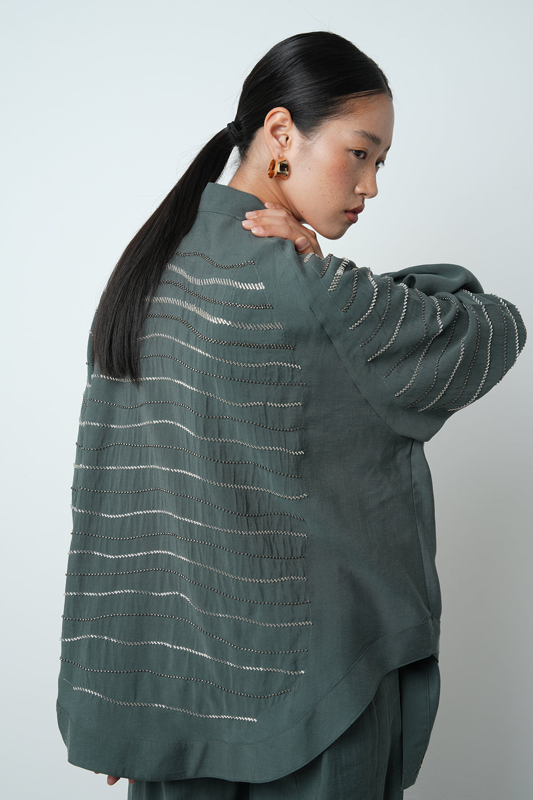 Yatay taş detaylı oversize kadın kimono – toptan kadın giyim