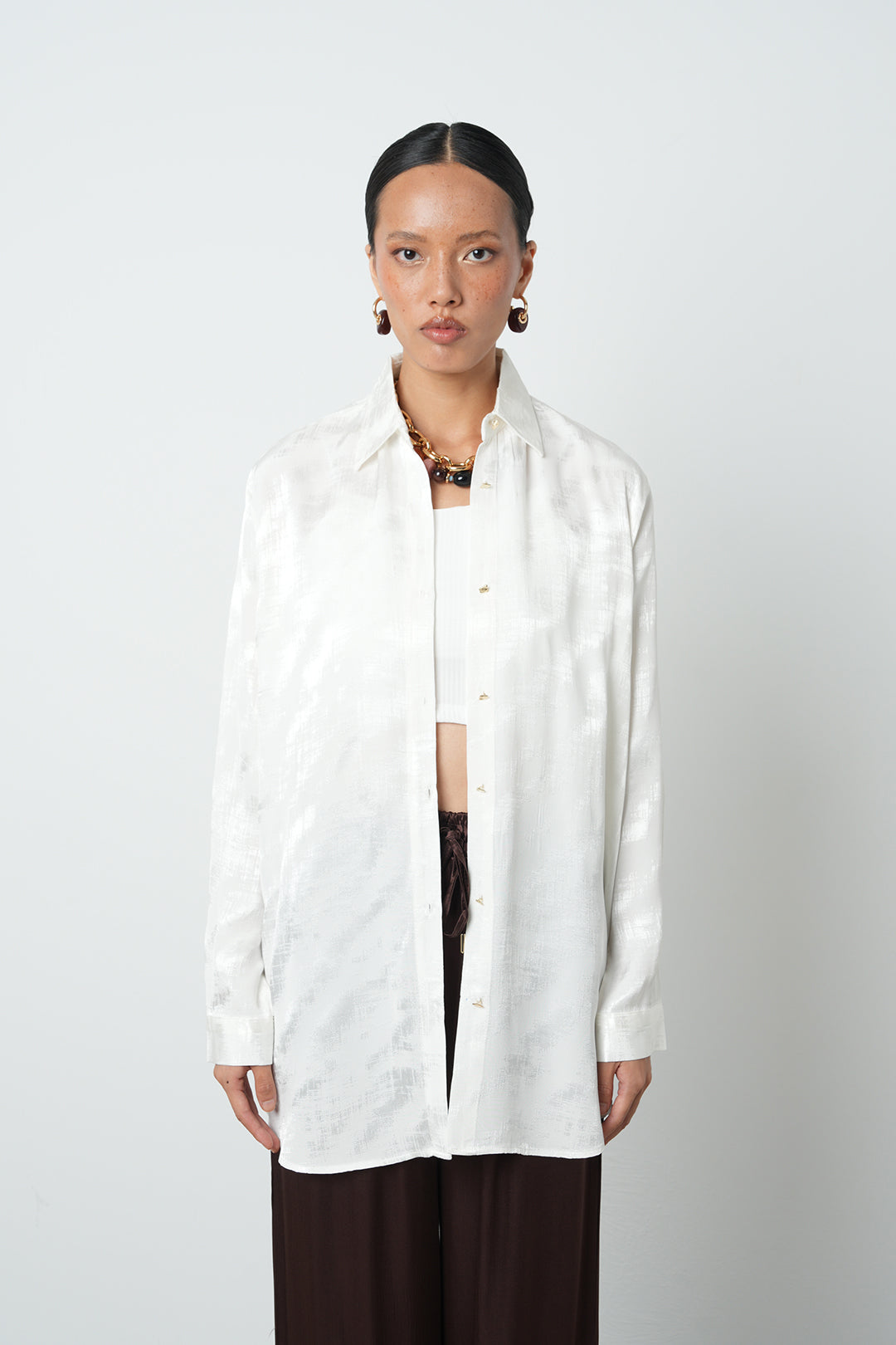 Wholesale White Jacquard Oversize Women's Shirt - 34697