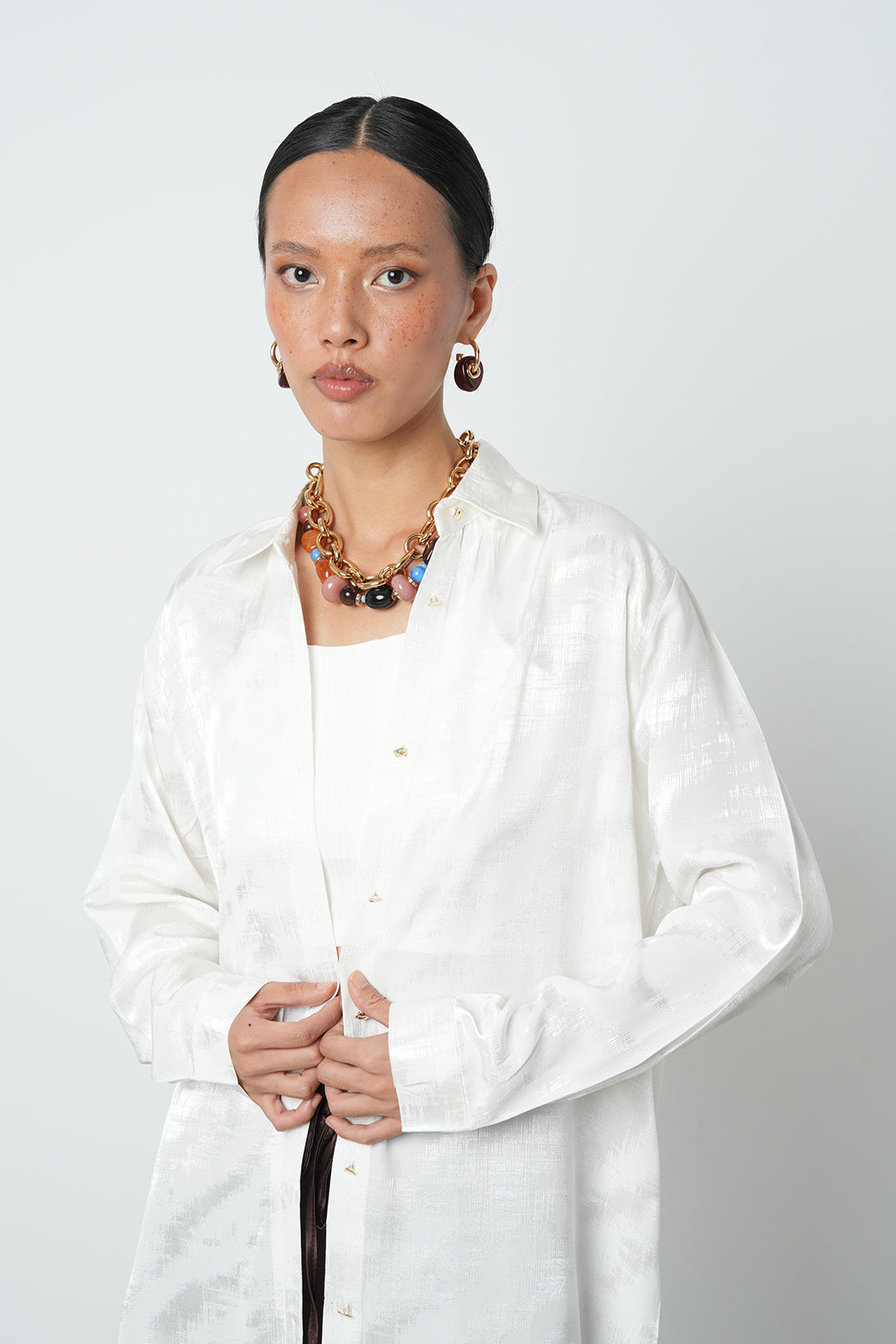 Wholesale White Jacquard Oversize Women's Shirt - 34697