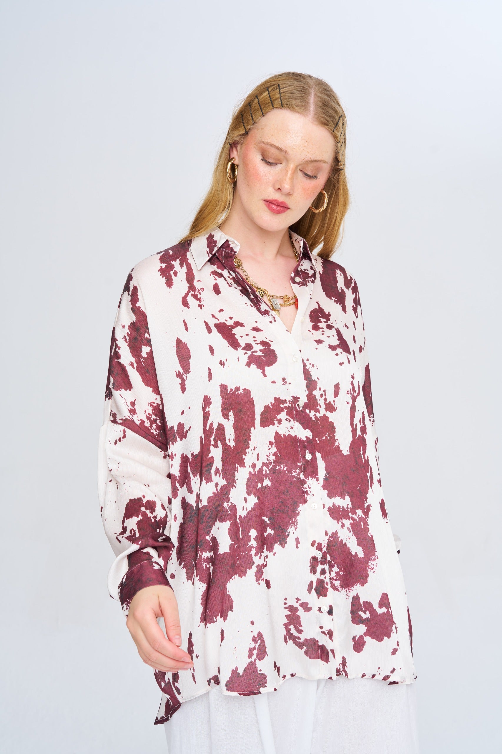 Toptan Kadın Desenli Oversize Bordo Gömlek