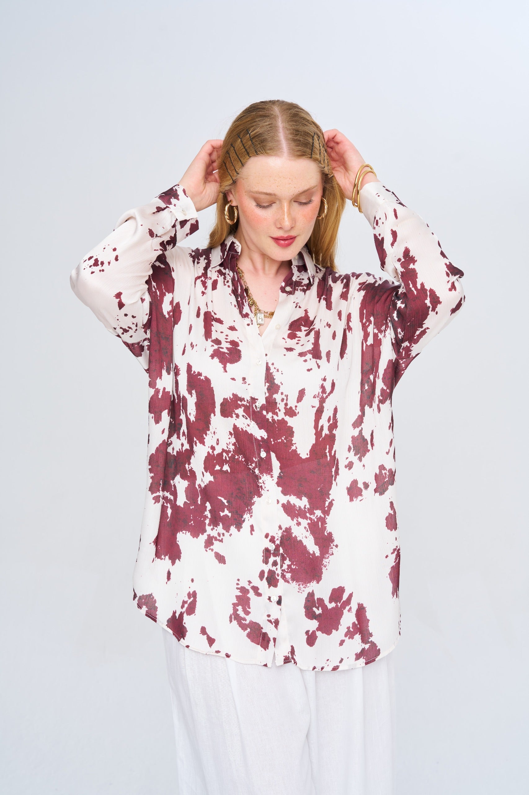 Toptan Kadın Desenli Oversize Bordo Gömlek