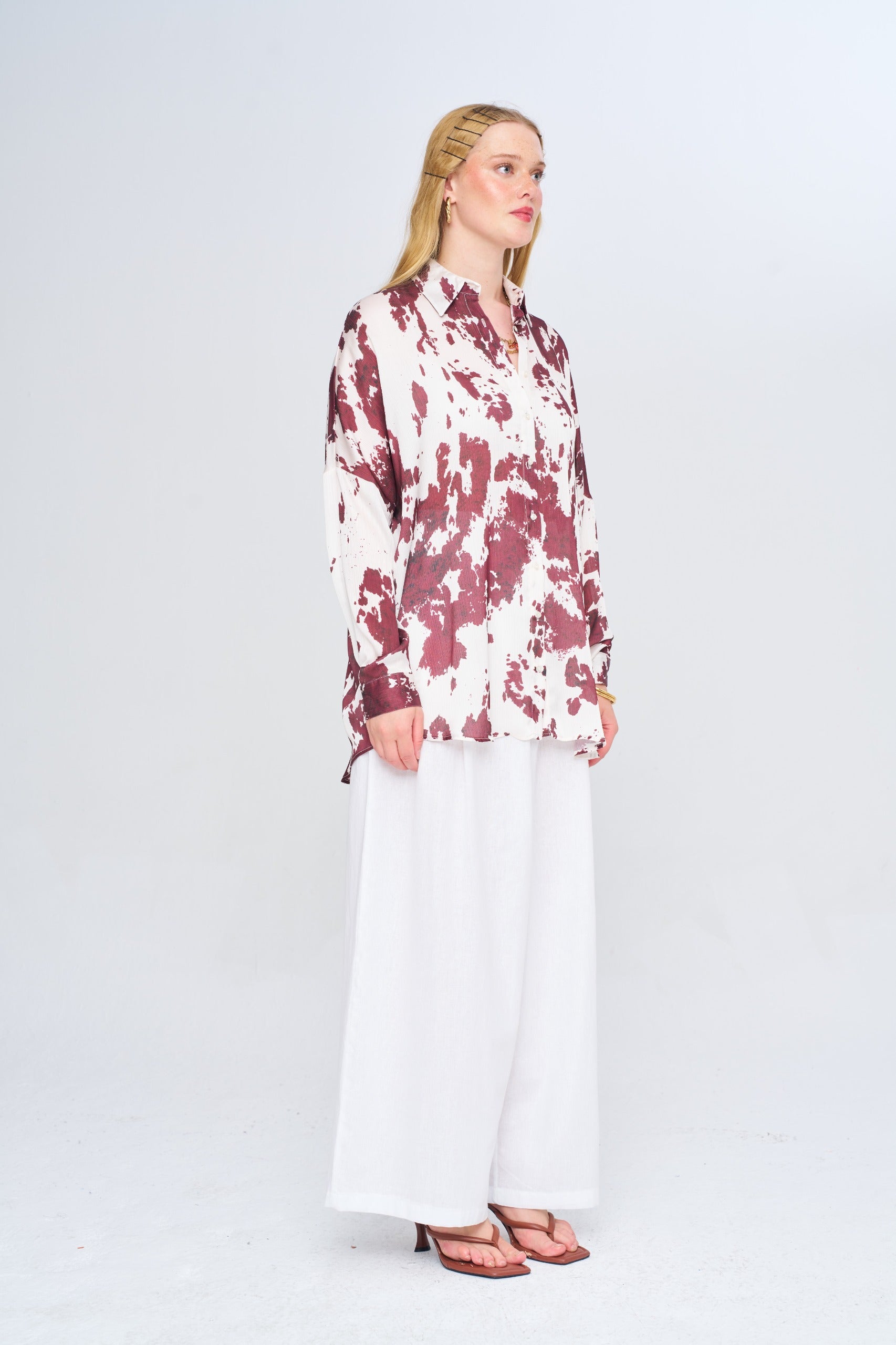 Toptan Kadın Desenli Oversize Bordo Gömlek