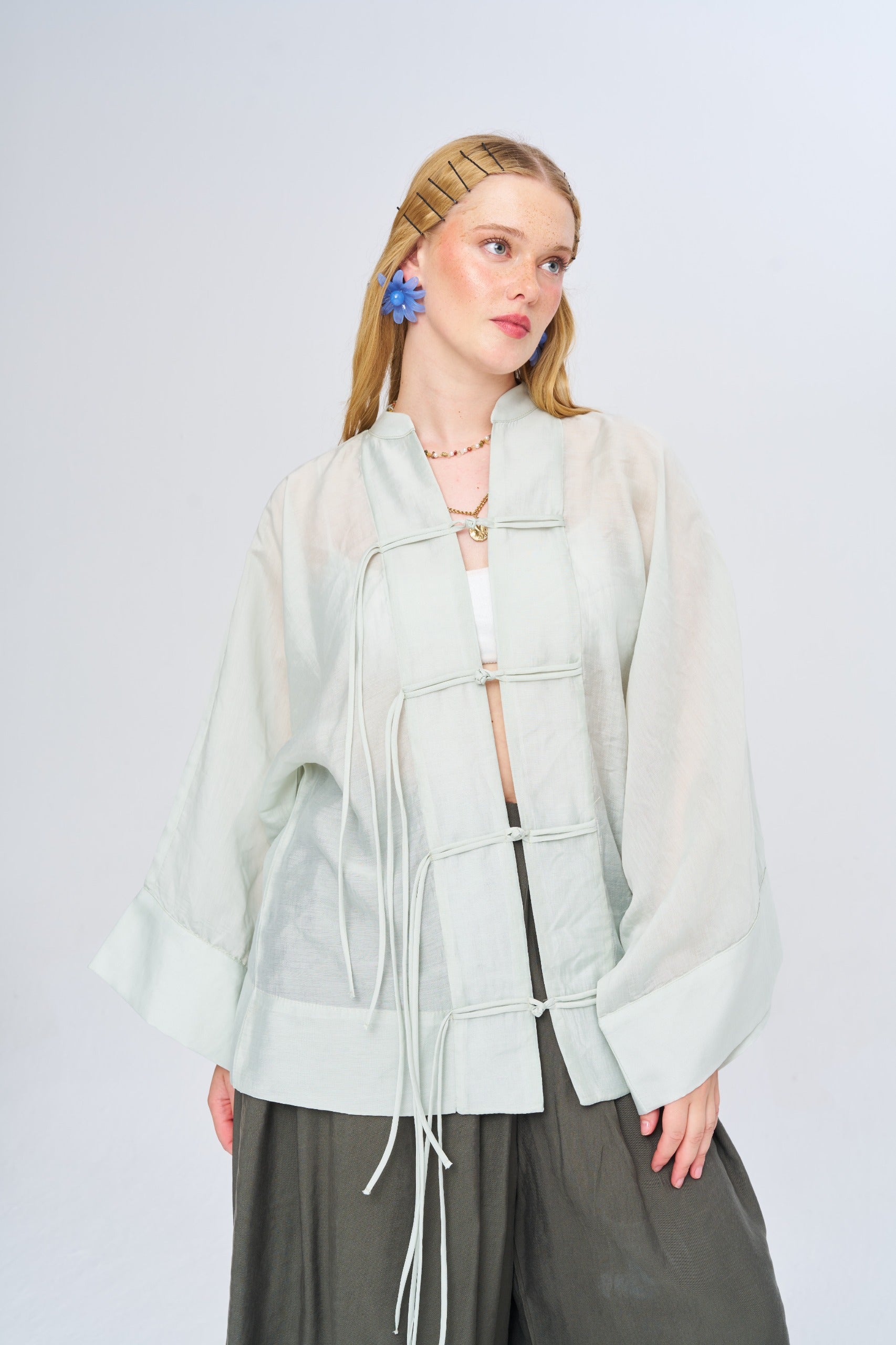 Toptan Kadın Çin Yaka Mint Oversize Kimono