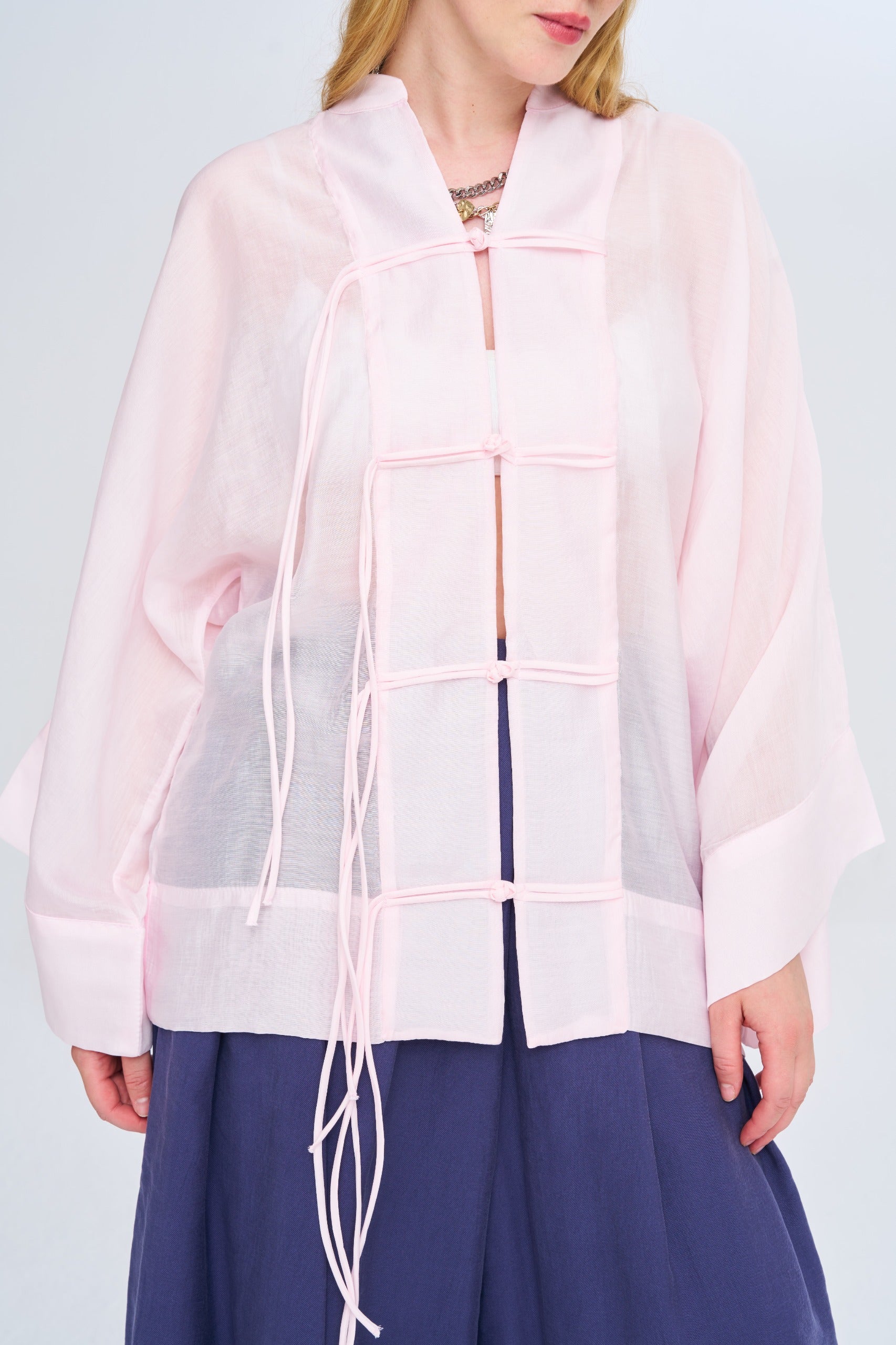 Toptan Kadın Çin Yaka Pudra Oversize Kimono