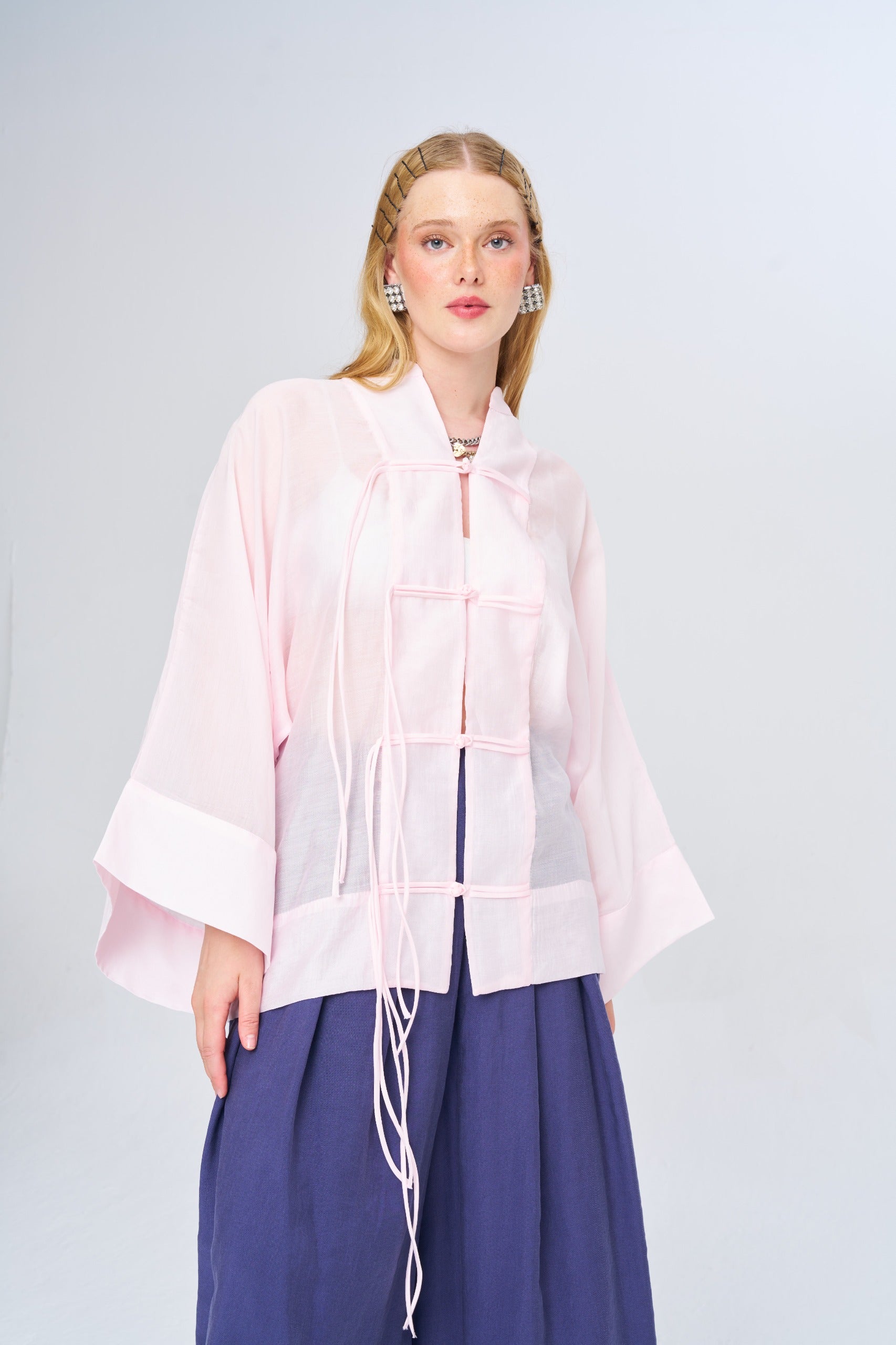 Toptan Kadın Çin Yaka Pudra Oversize Kimono