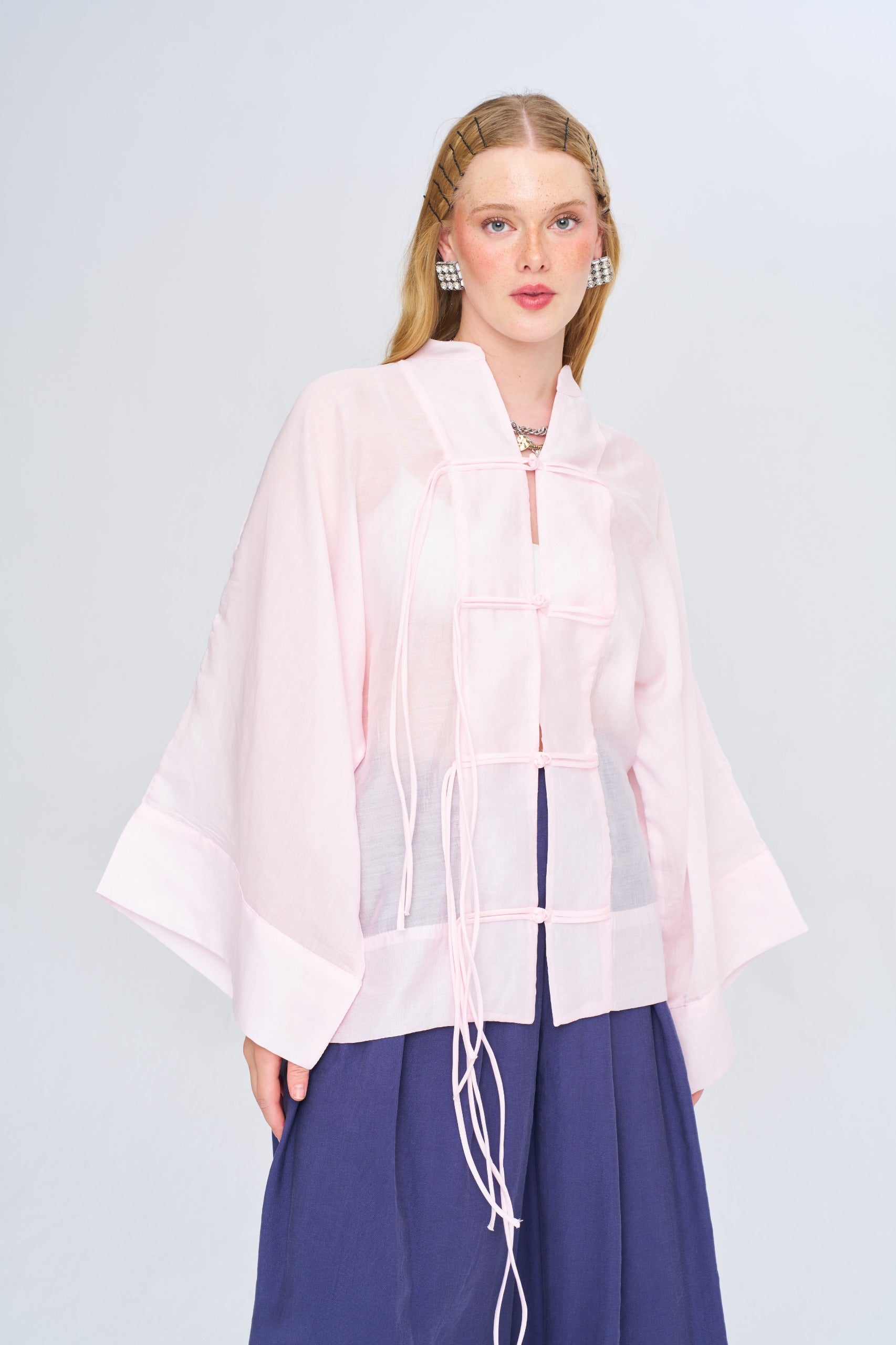 Toptan Kadın Çin Yaka Pudra Oversize Kimono