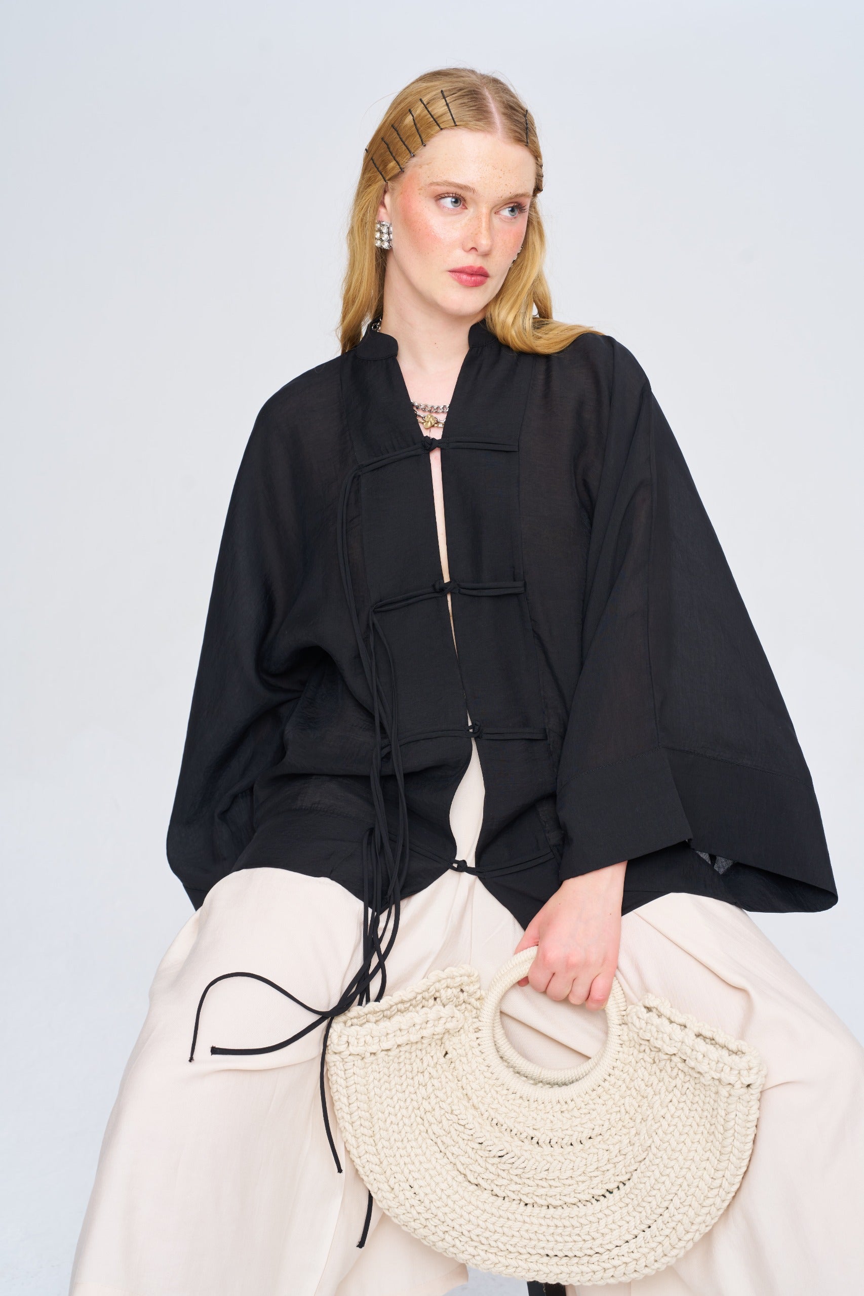 Toptan Kadın Çin Yaka Siyah Oversize Kimono