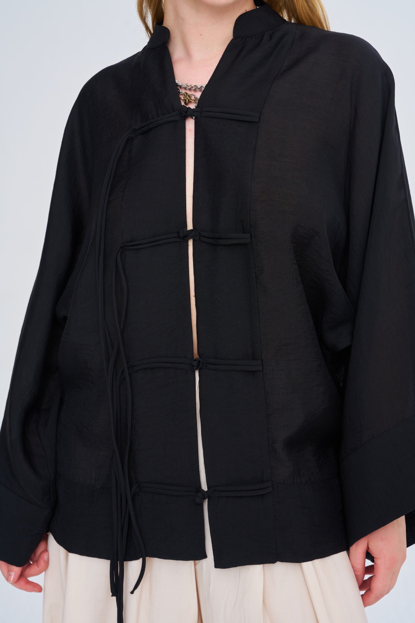 Toptan Kadın Çin Yaka Siyah Oversize Kimono