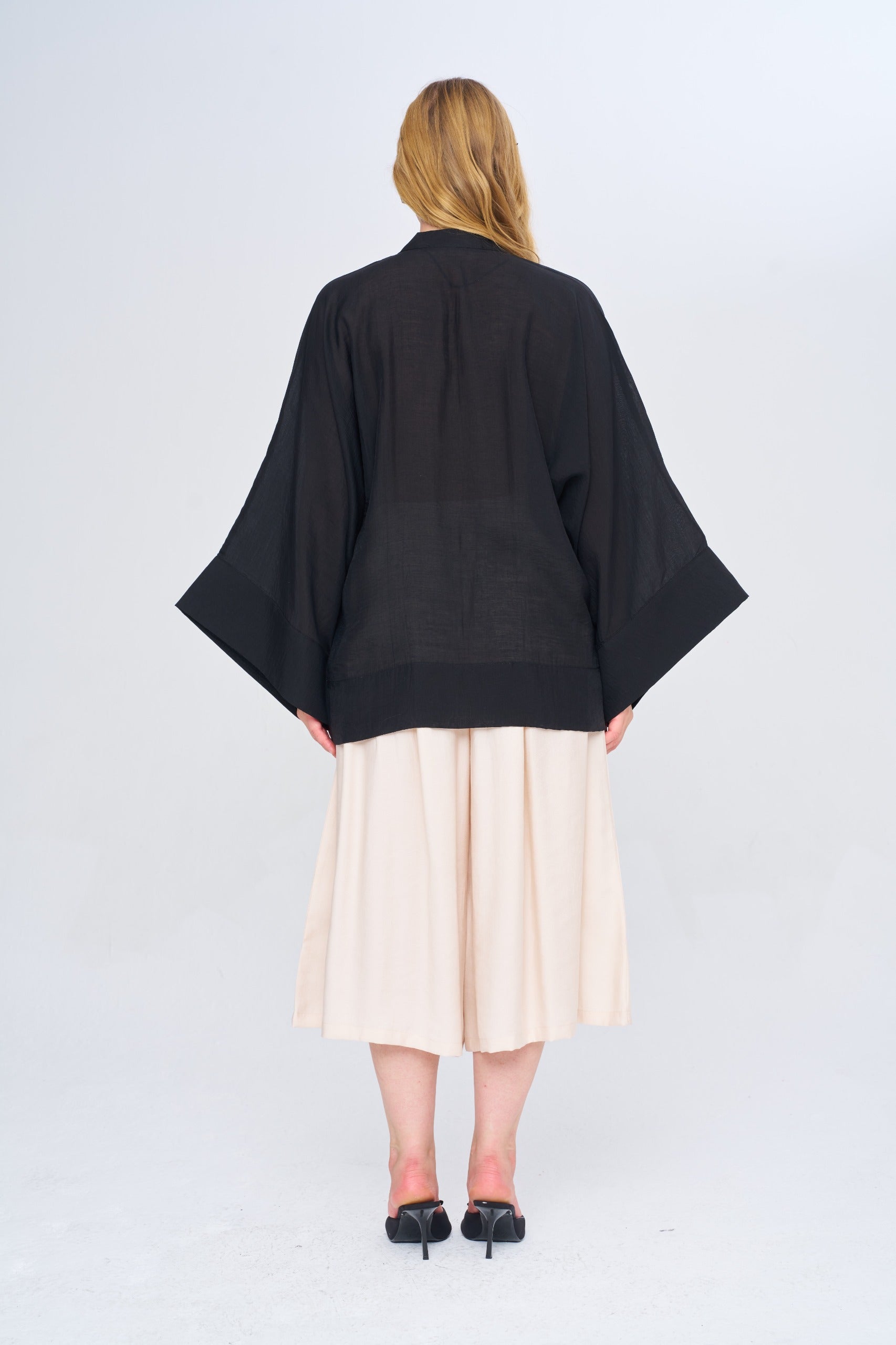 Toptan Kadın Çin Yaka Siyah Oversize Kimono