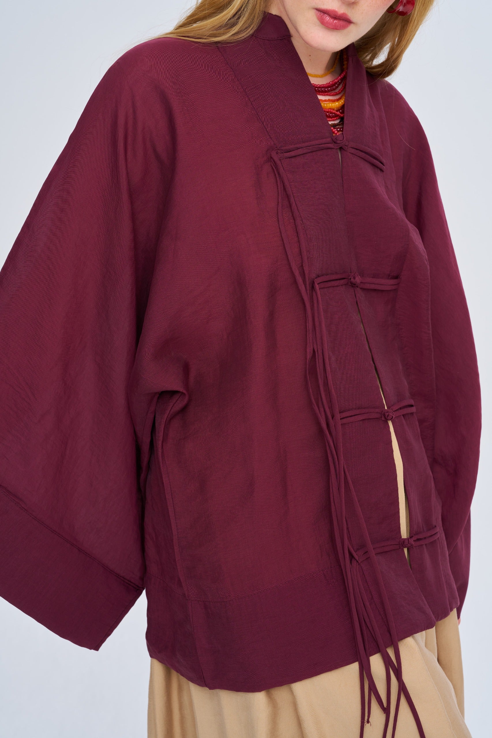 Toptan Kadın Çin Yaka Bordo Oversize Kimono