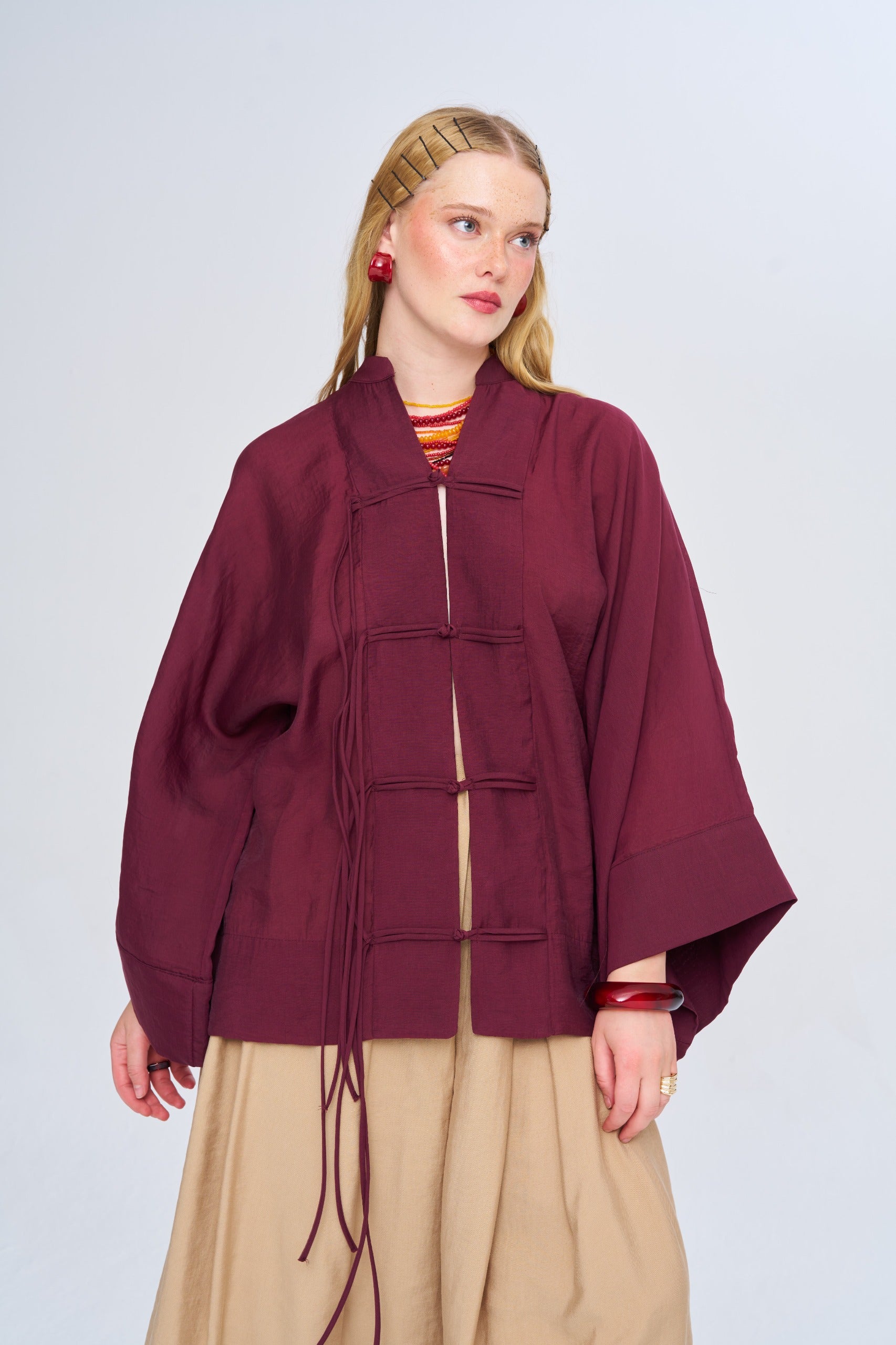 Toptan Kadın Çin Yaka Bordo Oversize Kimono