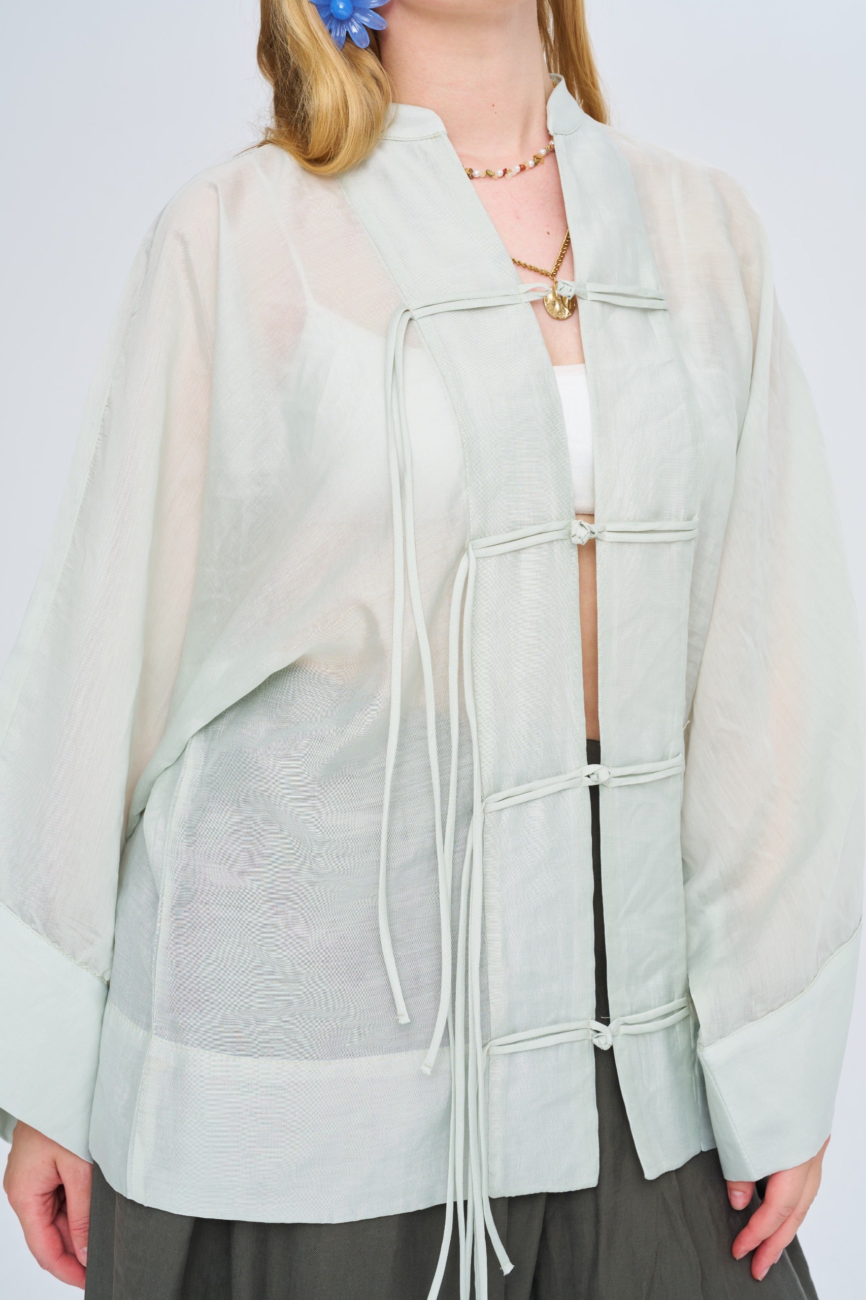 Toptan Kadın Çin Yaka Mint Oversize Kimono