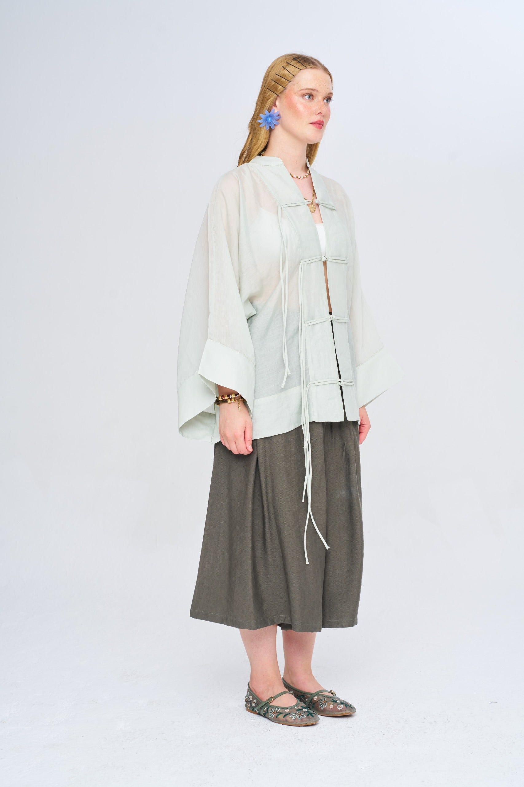 Toptan Kadın Çin Yaka Mint Oversize Kimono