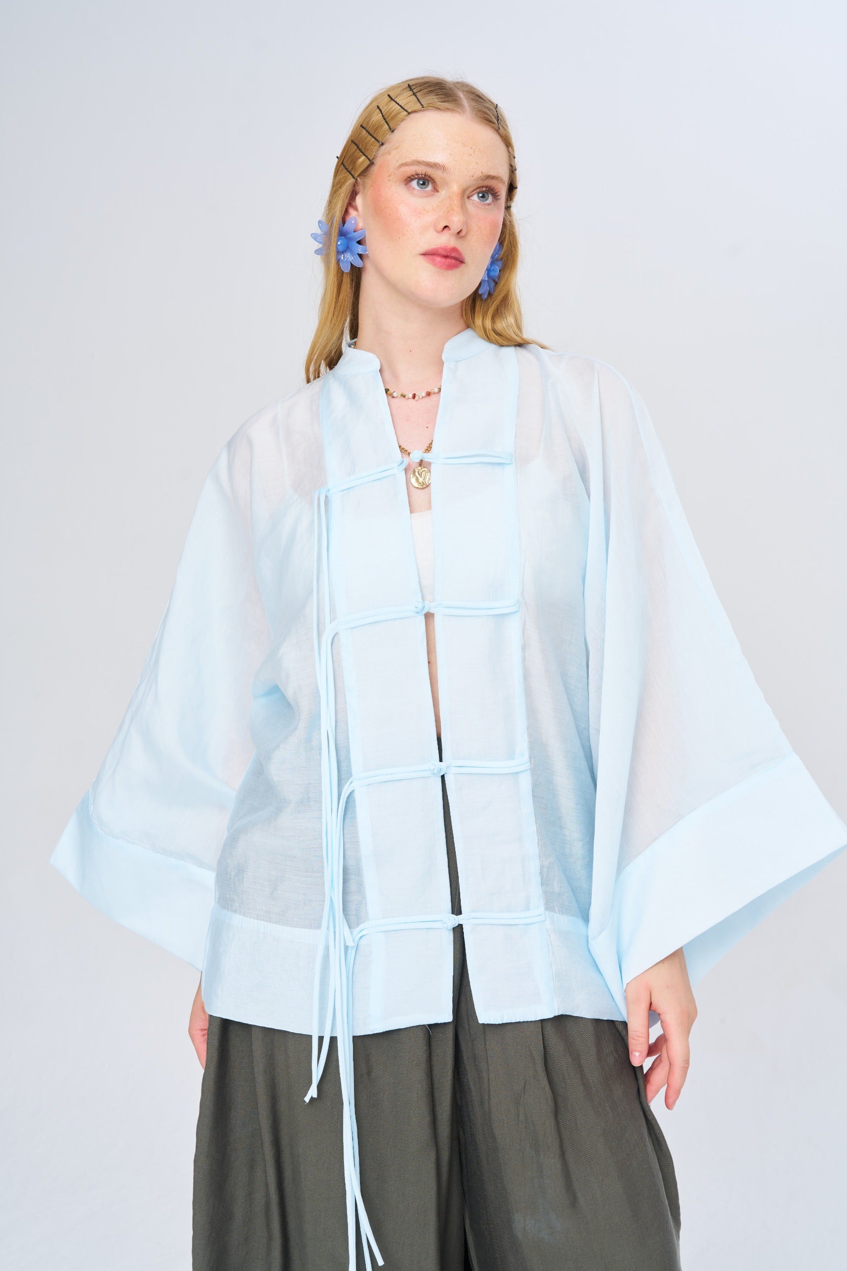 Toptan Kadın Çin Yaka Mavi Oversize Kimono