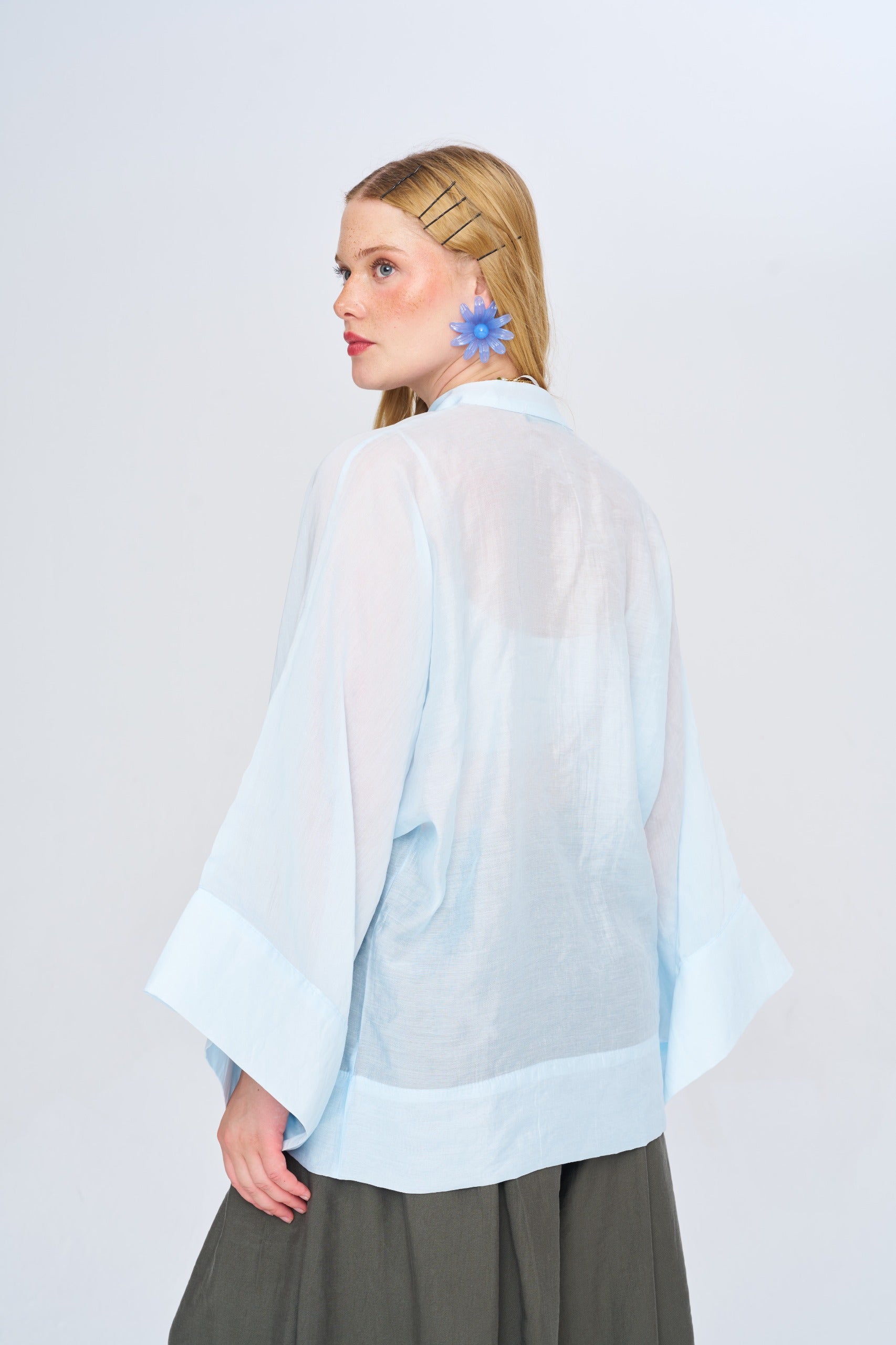 Toptan Kadın Çin Yaka Mavi Oversize Kimono