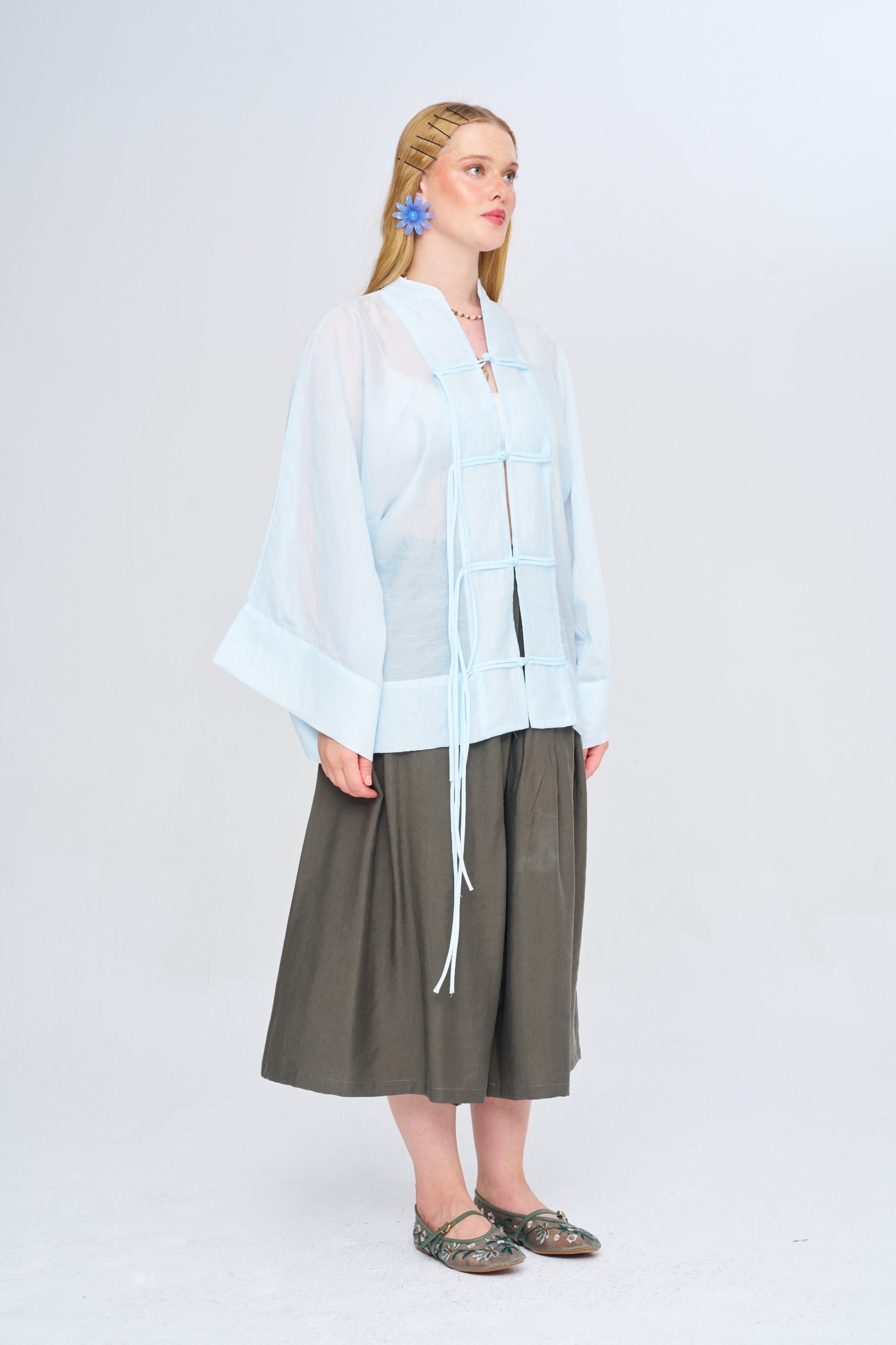 Toptan Kadın Çin Yaka Mavi Oversize Kimono