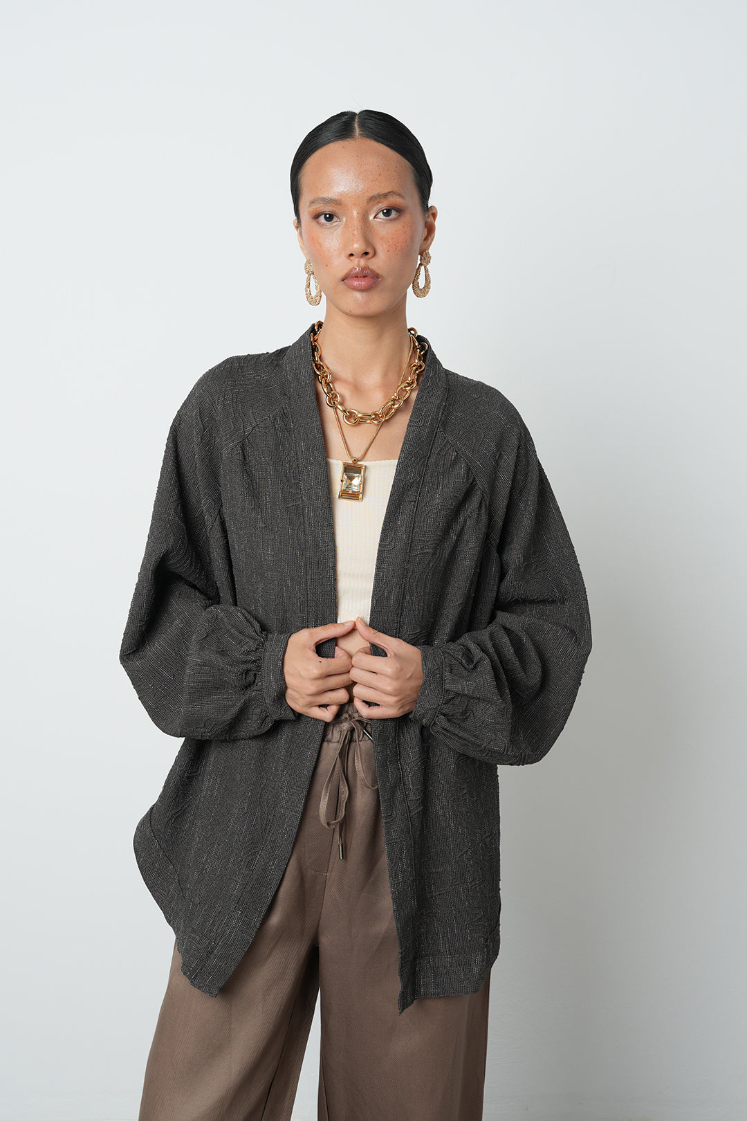 Kahverengi desenli oversize sonbaharlık kadın kimono, toptan satış
