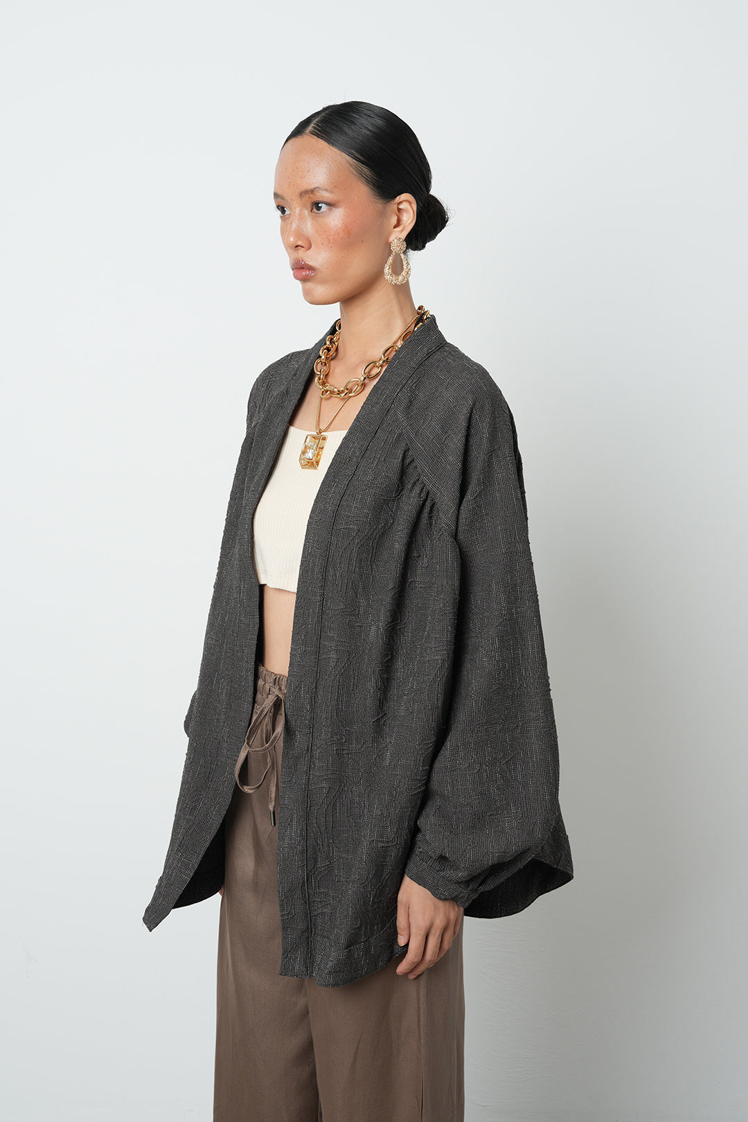 Kahverengi desenli oversize sonbaharlık kadın kimono, toptan satış