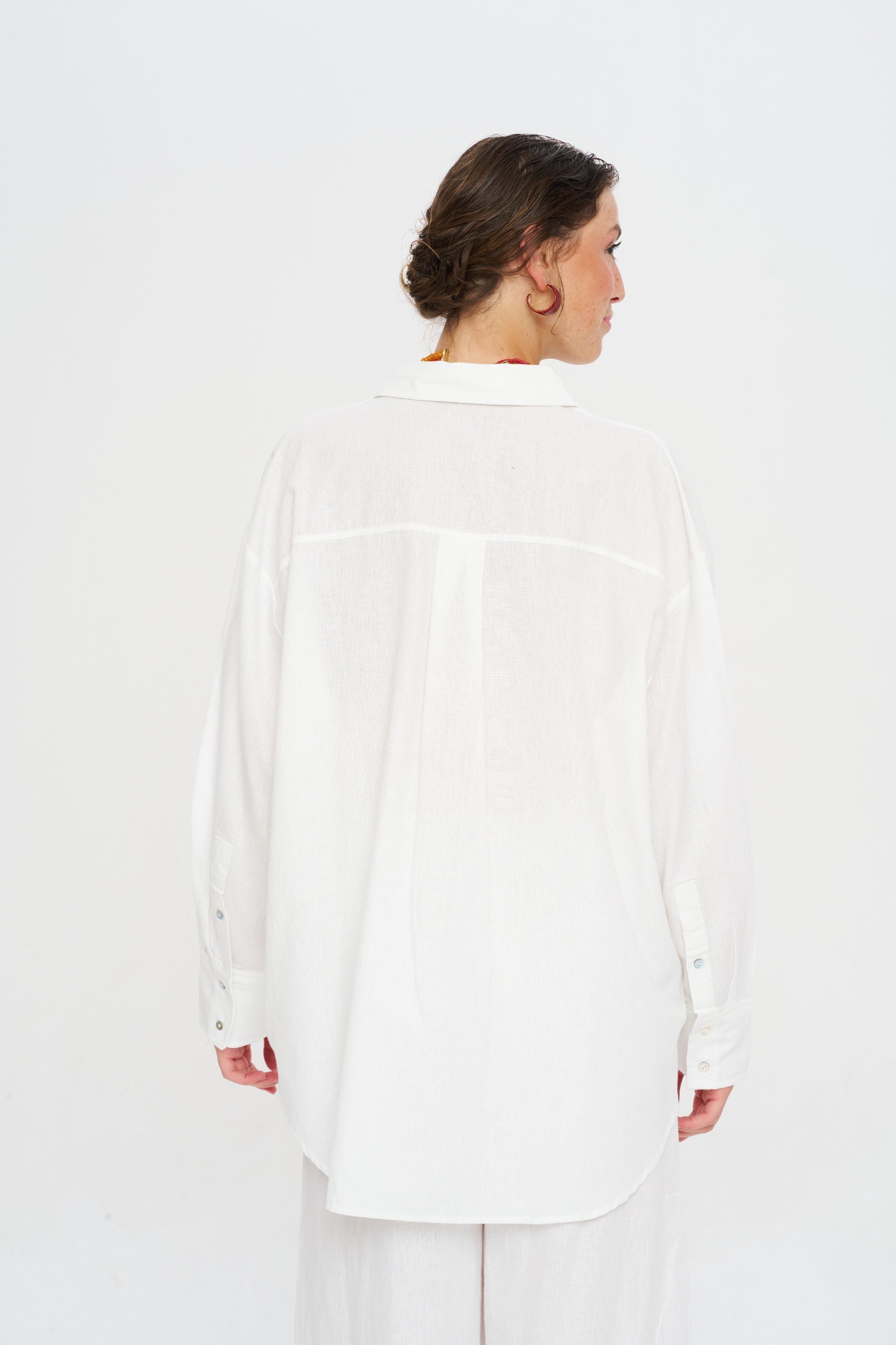 Toptan Keten Ekru Oversize Kadın Gömlek