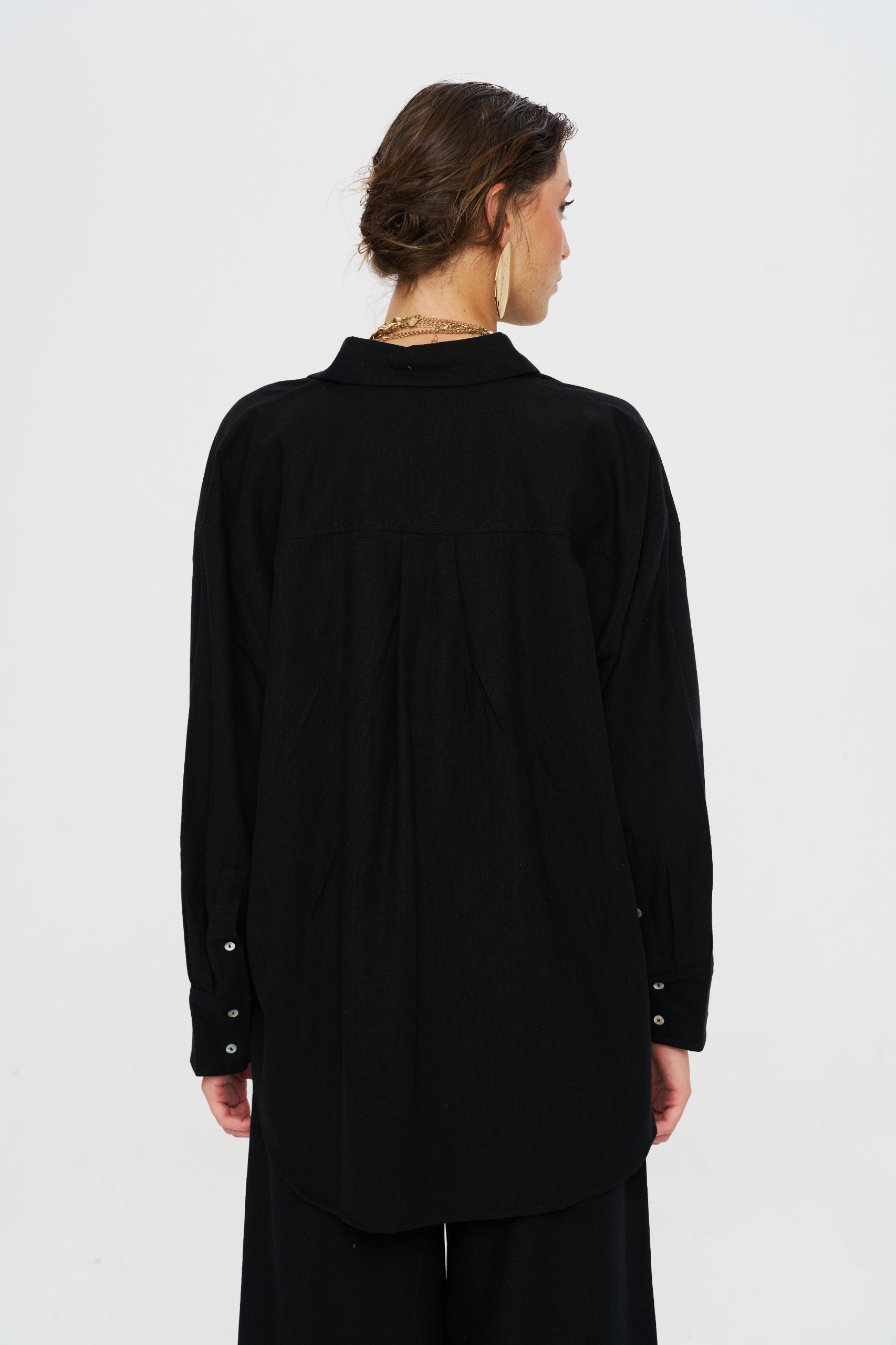 Toptan Keten Siyah Oversize Kadın Gömlek