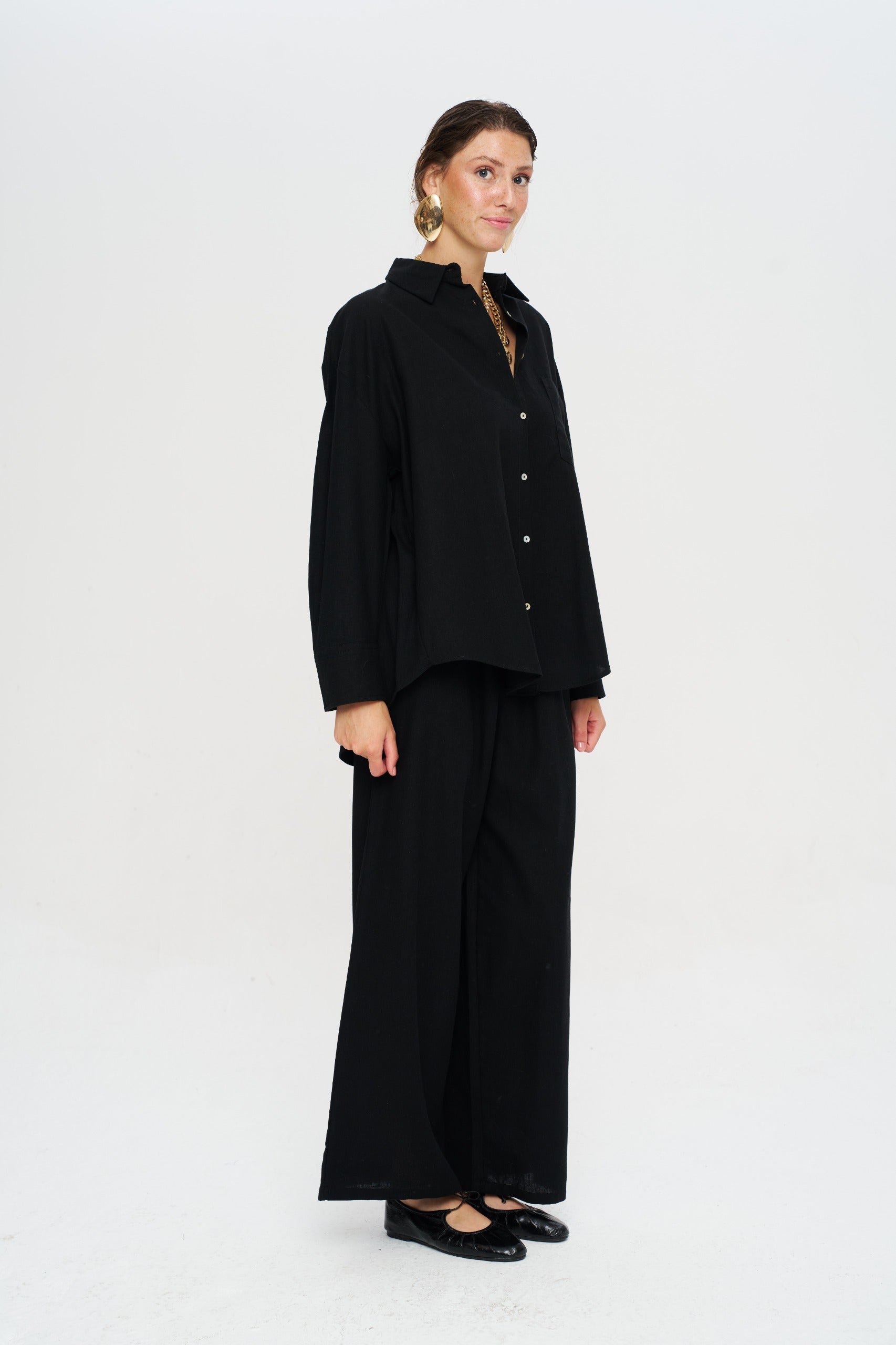 Toptan Keten Siyah Oversize Kadın Gömlek