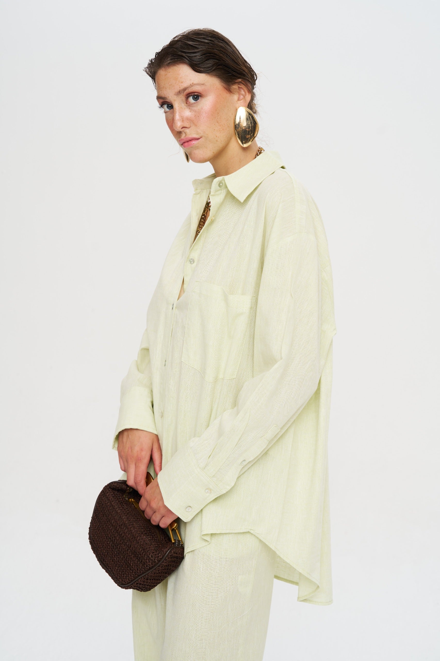 Toptan Keten Limon Oversize Kadın Gömlek