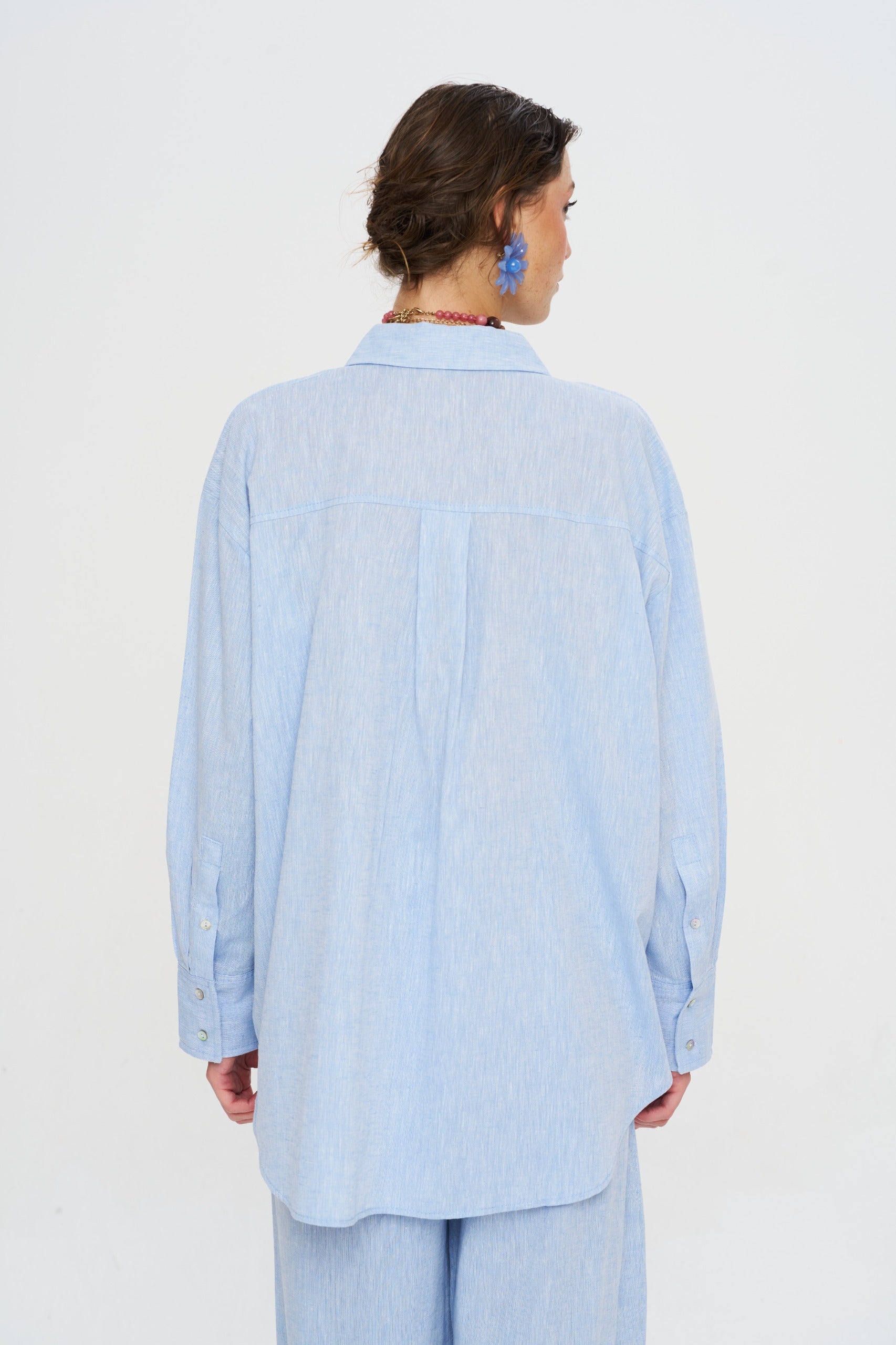 Toptan Keten Mavi Oversize Kadın Gömlek