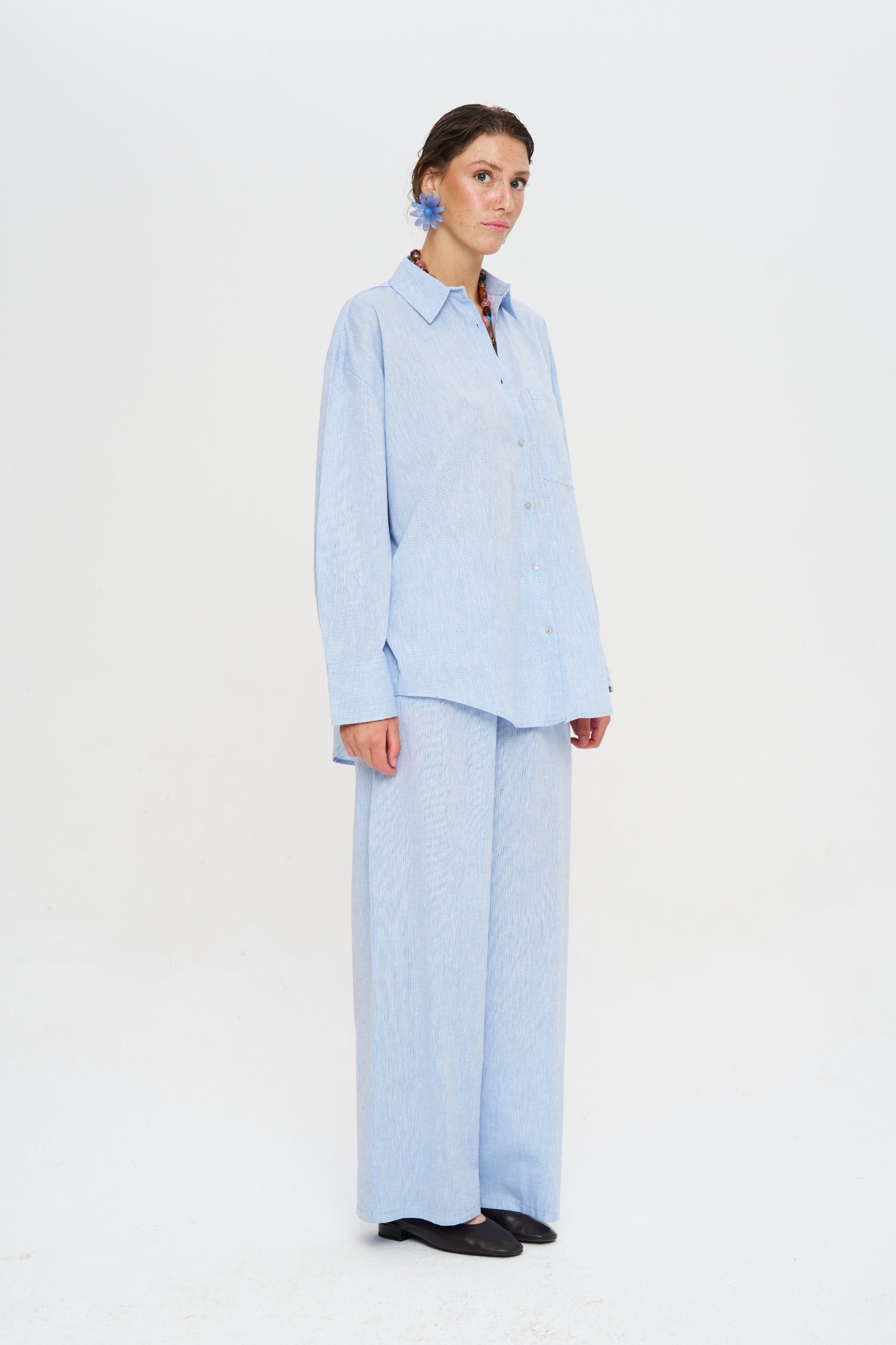 Toptan Keten Mavi Oversize Kadın Gömlek