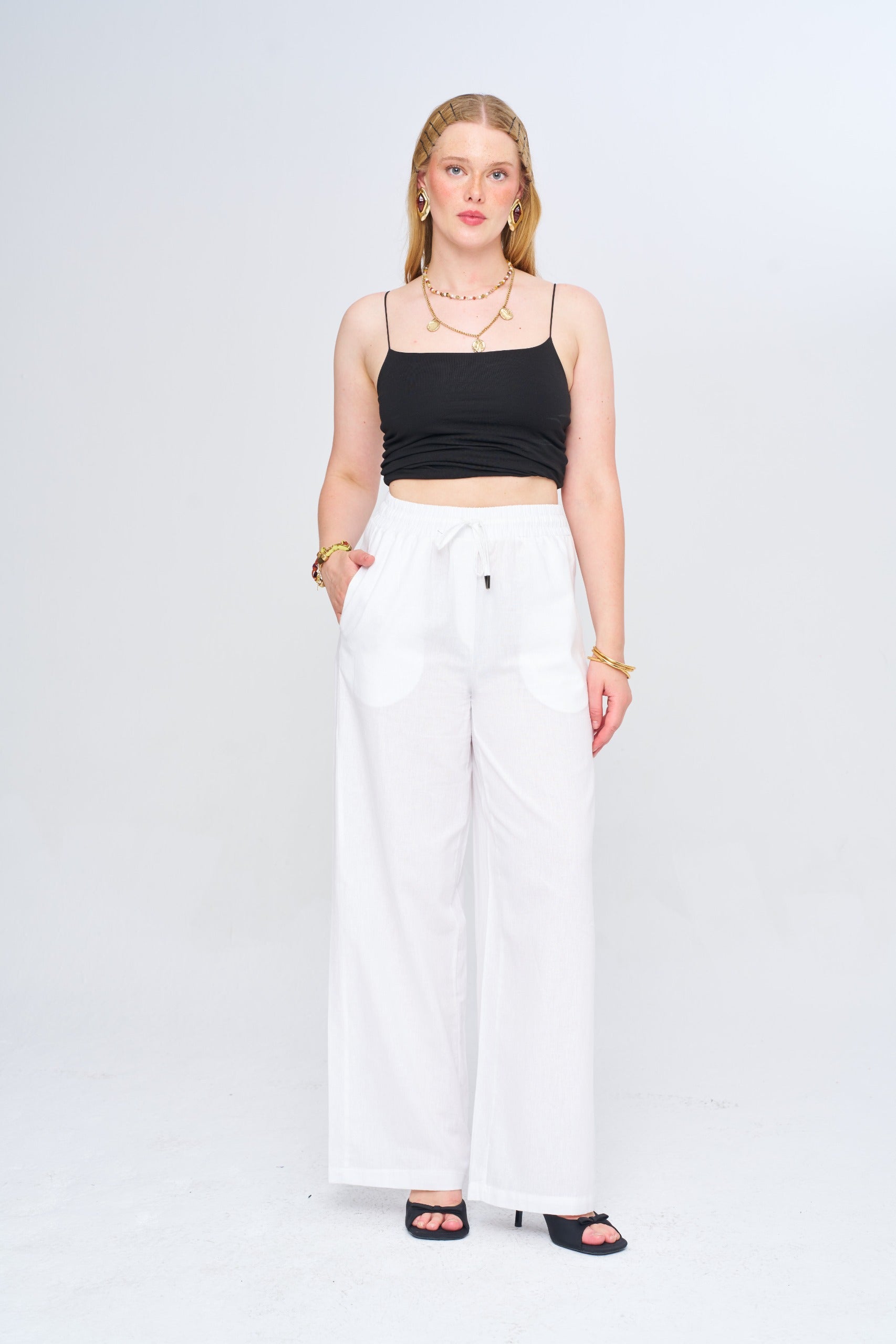 Toptan Kadın Keten Wide Leg Ekru Pantolon