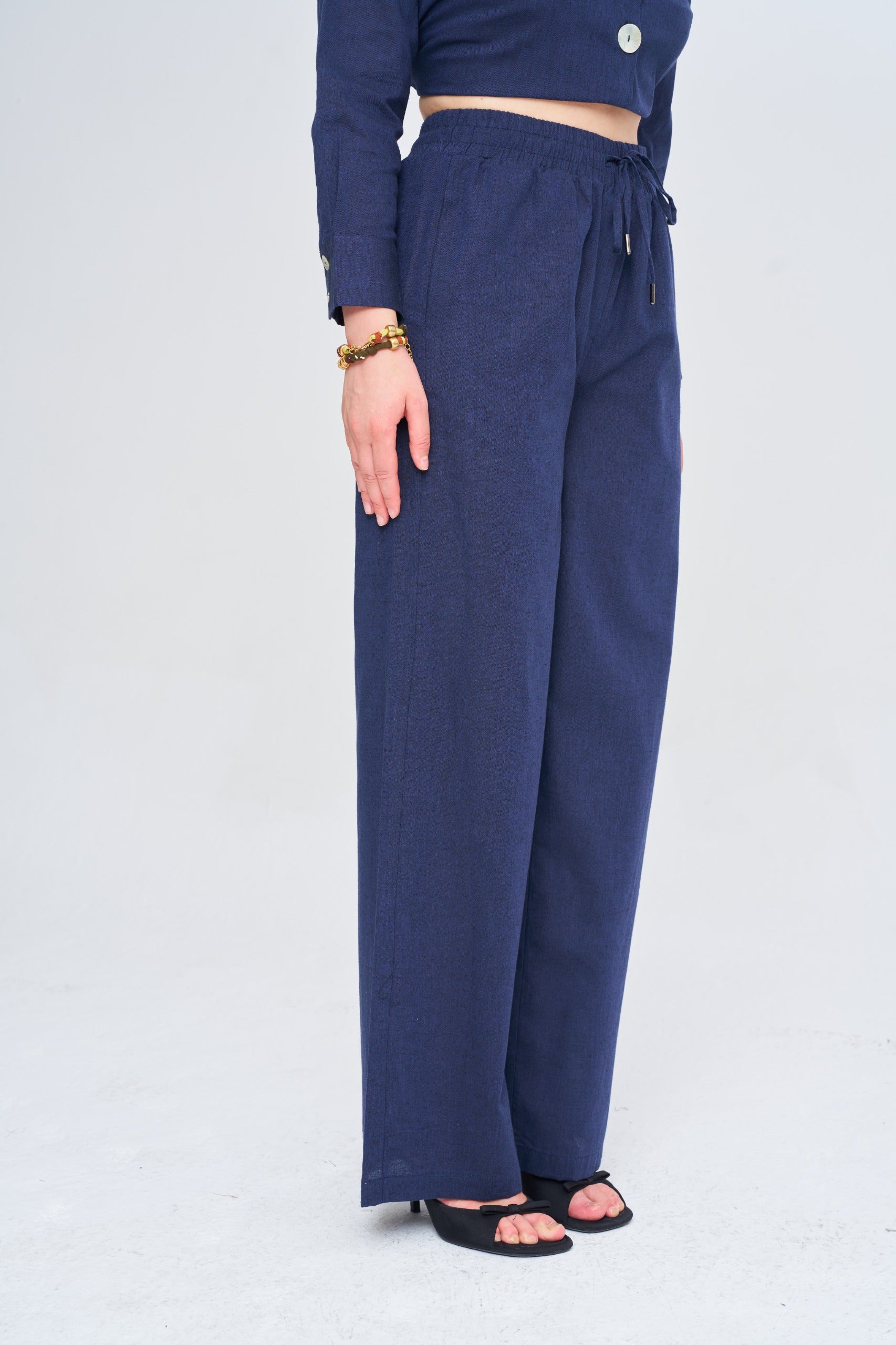 Toptan Kadın Keten Wide Leg Lacivert Pantolon