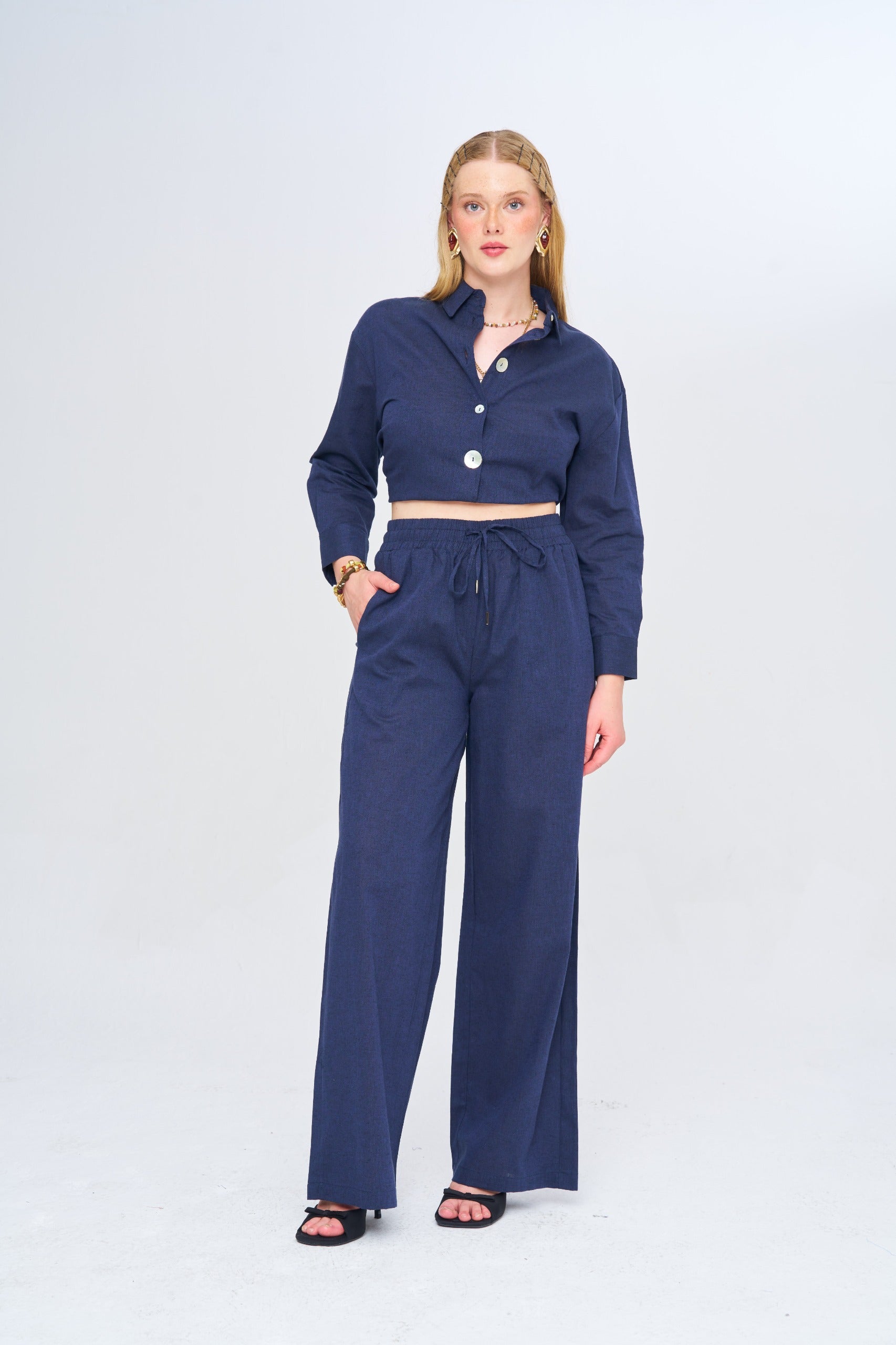 Toptan Kadın Keten Wide Leg Lacivert Pantolon
