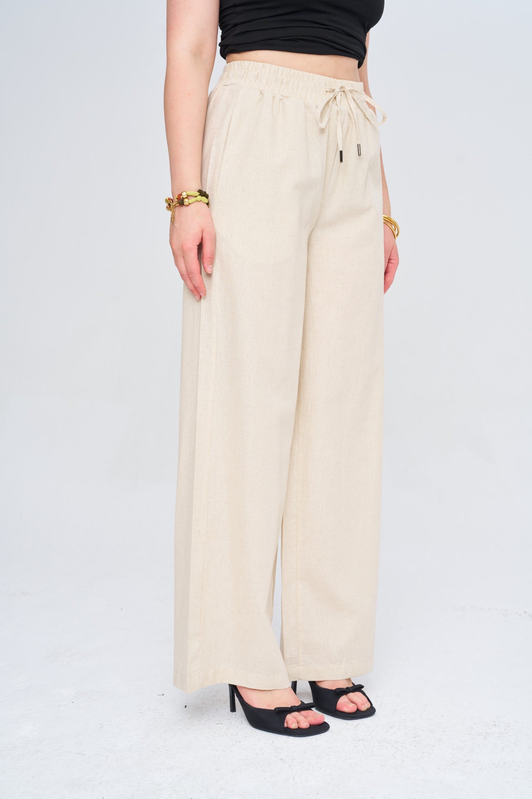 Toptan Kadın Keten Wide Leg Natur Pantolon