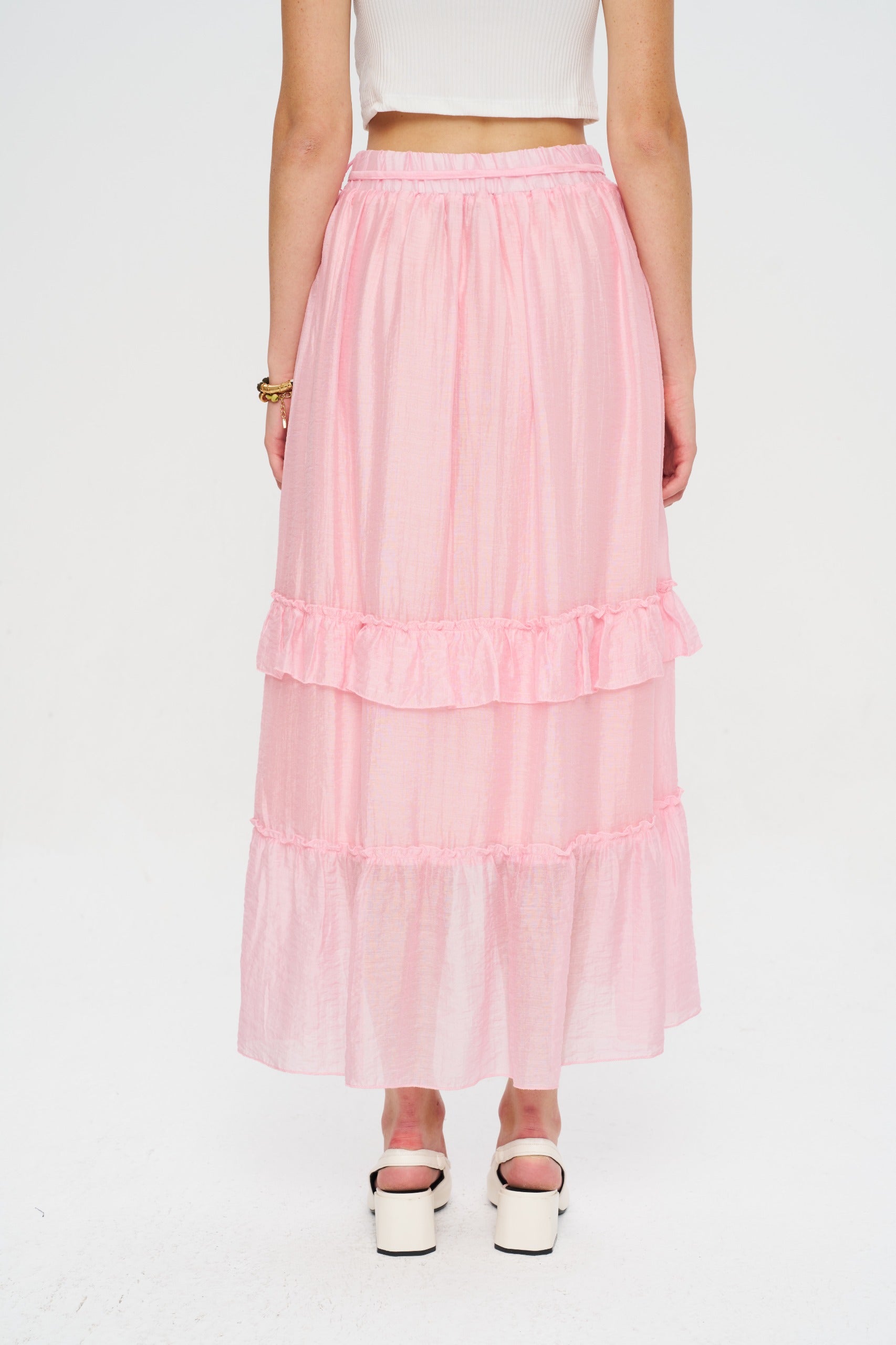 Toptan Fırfırlı Asimetrik Pembe Tencel Etek