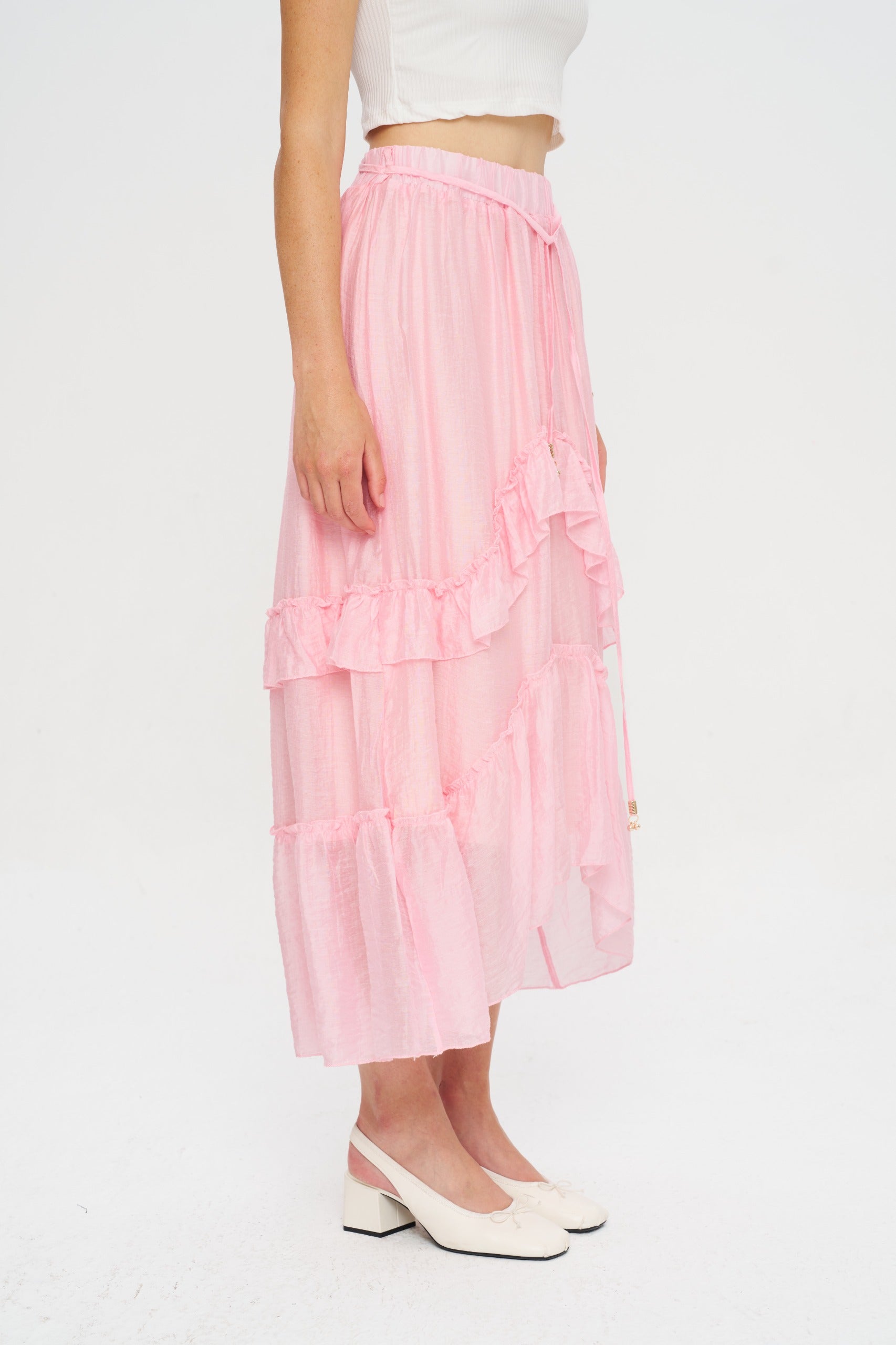 Toptan Fırfırlı Asimetrik Pembe Tencel Etek