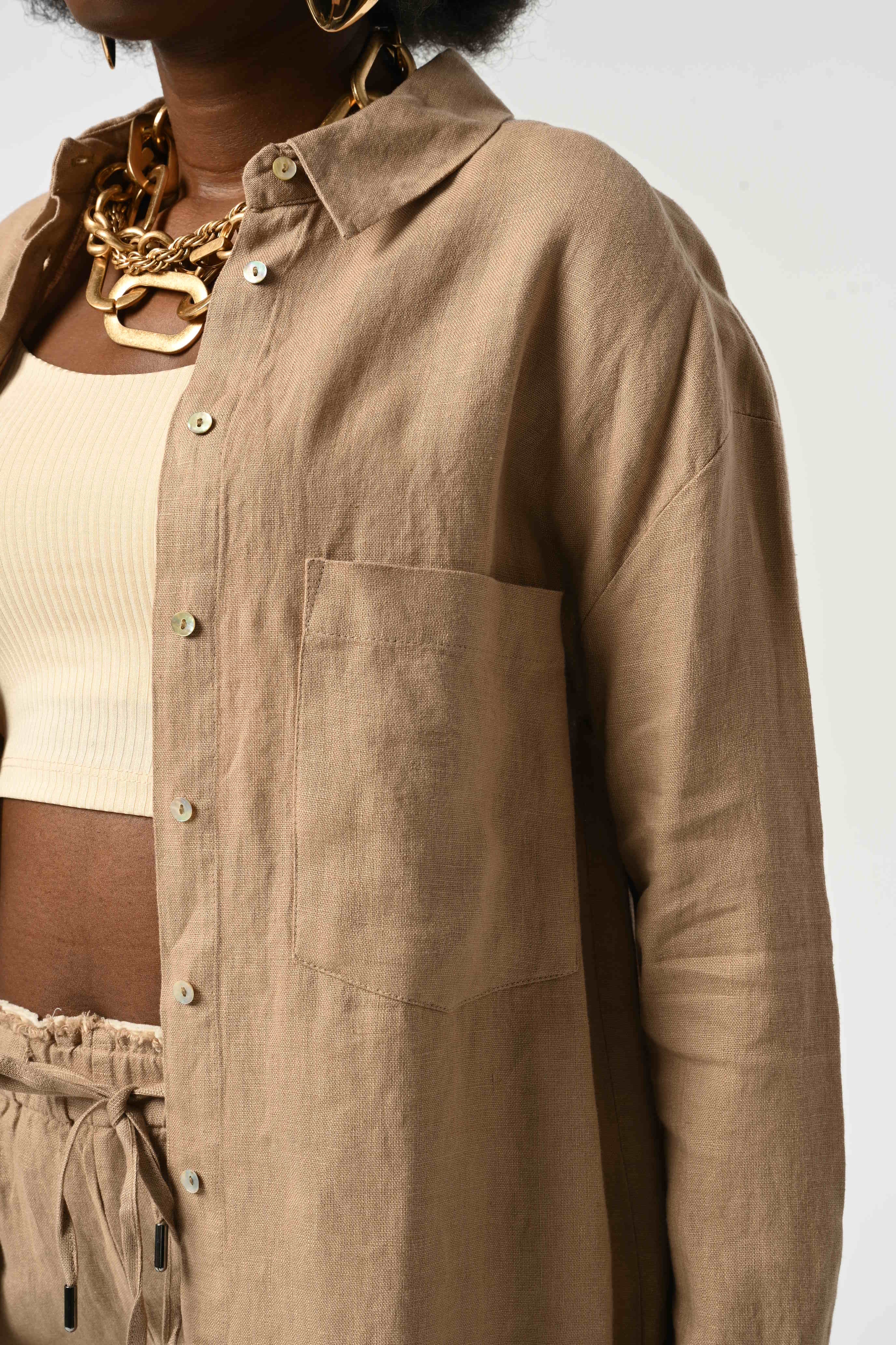 Toptan tek cepli %100 keten kadın gömlek – oversize yazlık model, SSMML beden