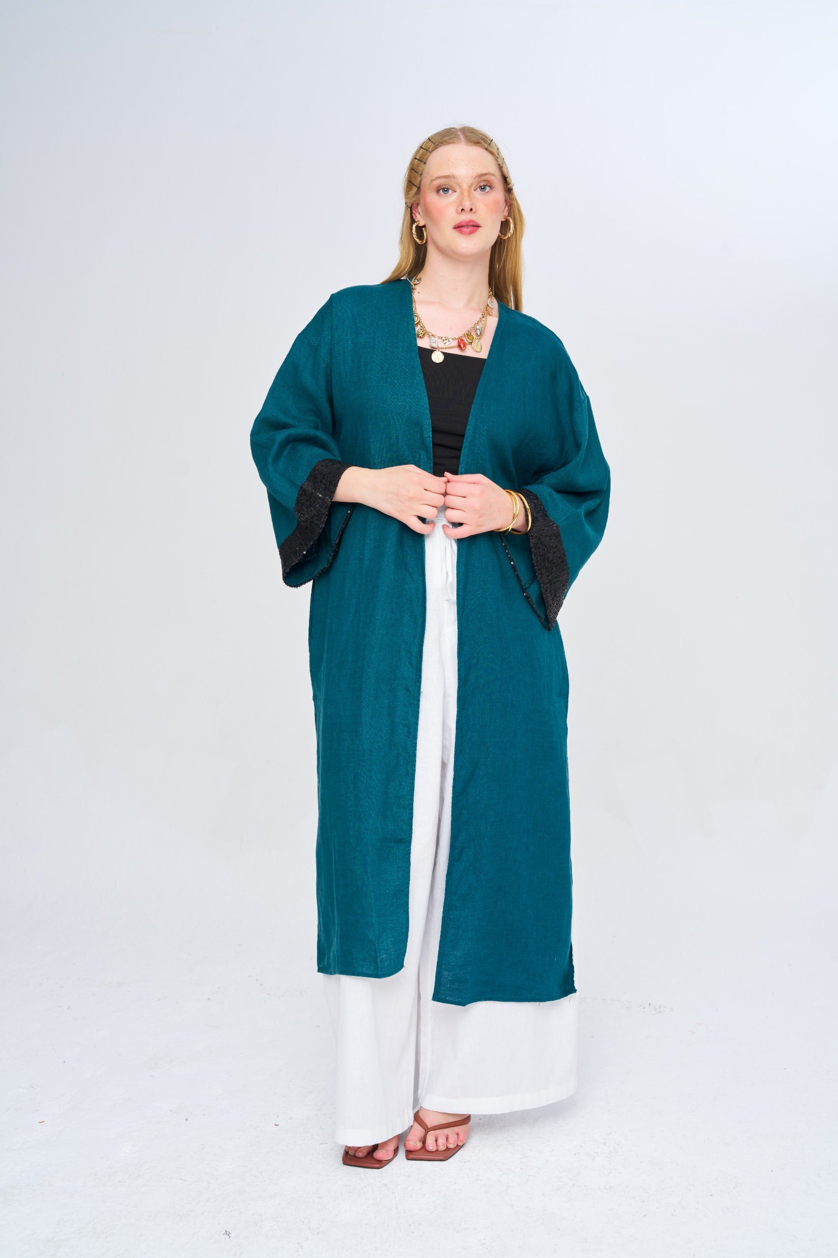 Toptan %100 Keten Petrol Renk Kadın Kimono