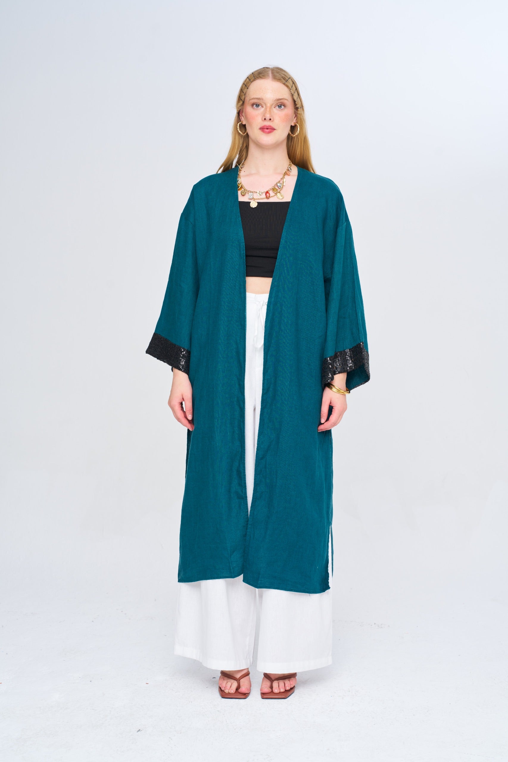 Toptan %100 Keten Petrol Renk Kadın Kimono
