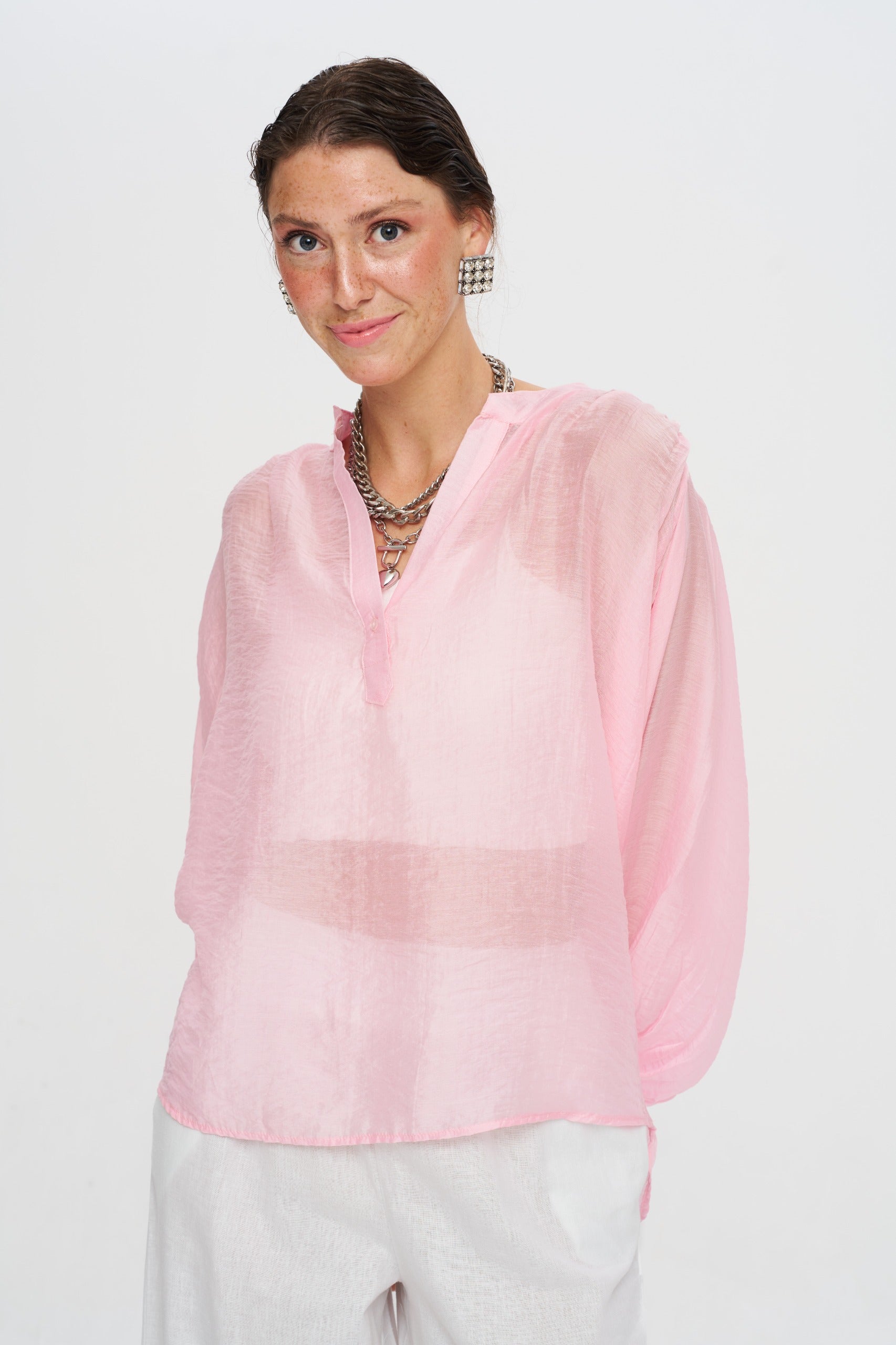 Toptan Kadın Pembe Gömlek - Tencel Karışımlı