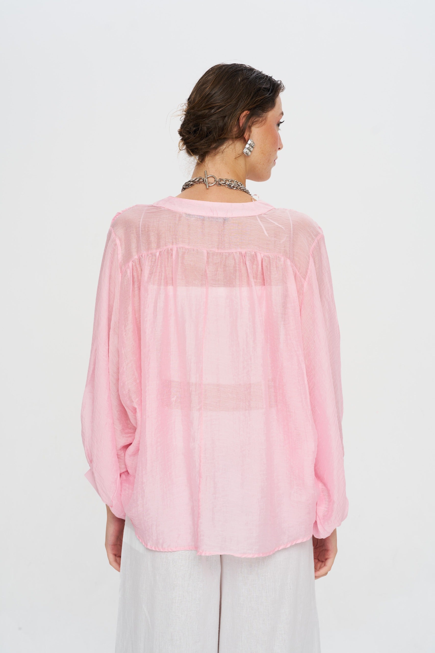 Toptan Kadın Pembe Gömlek - Tencel Karışımlı